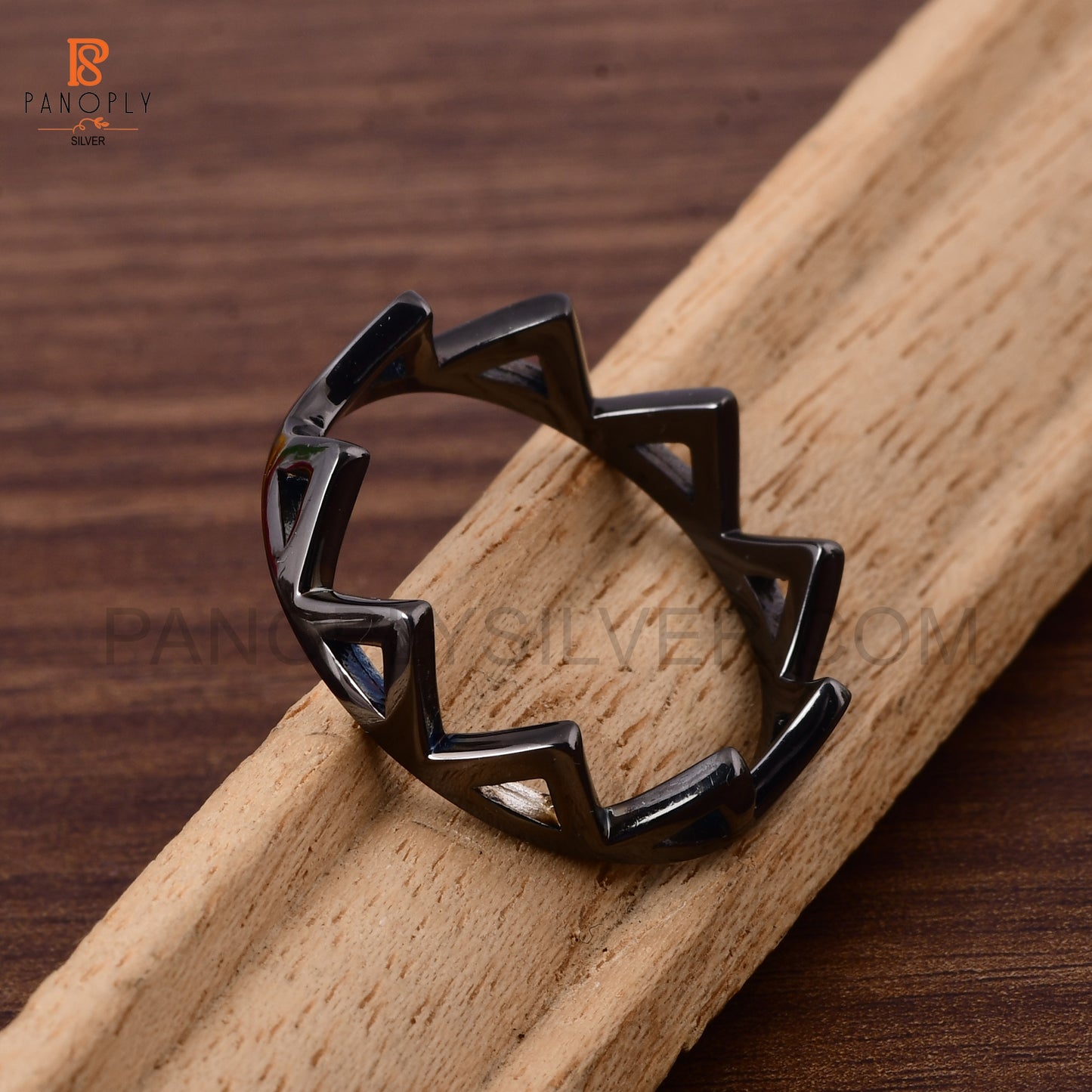 Sterling Silver Crown Ring, Geometric Triangle Design, Black Plated
