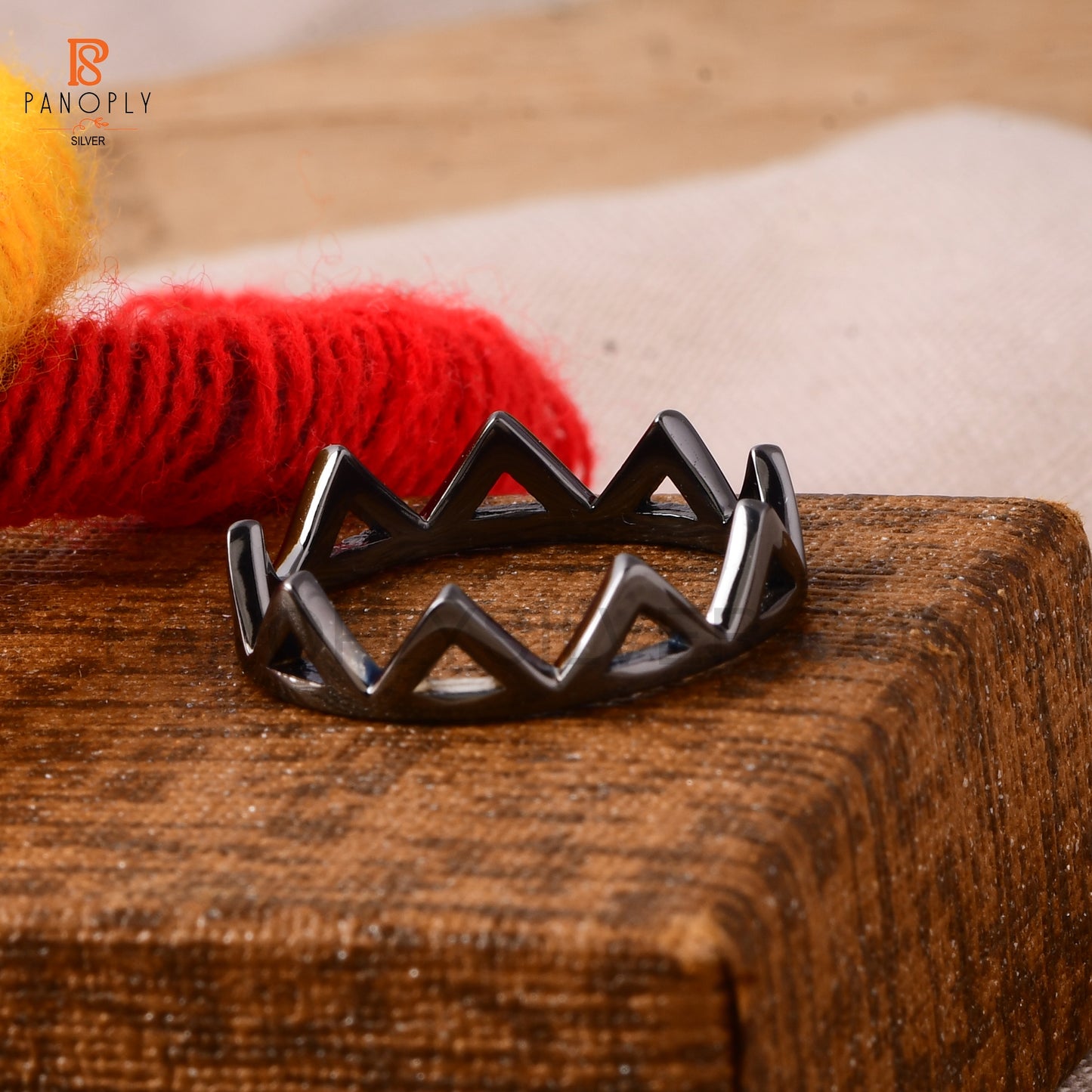 Sterling Silver Crown Ring, Geometric Triangle Design, Black Plated