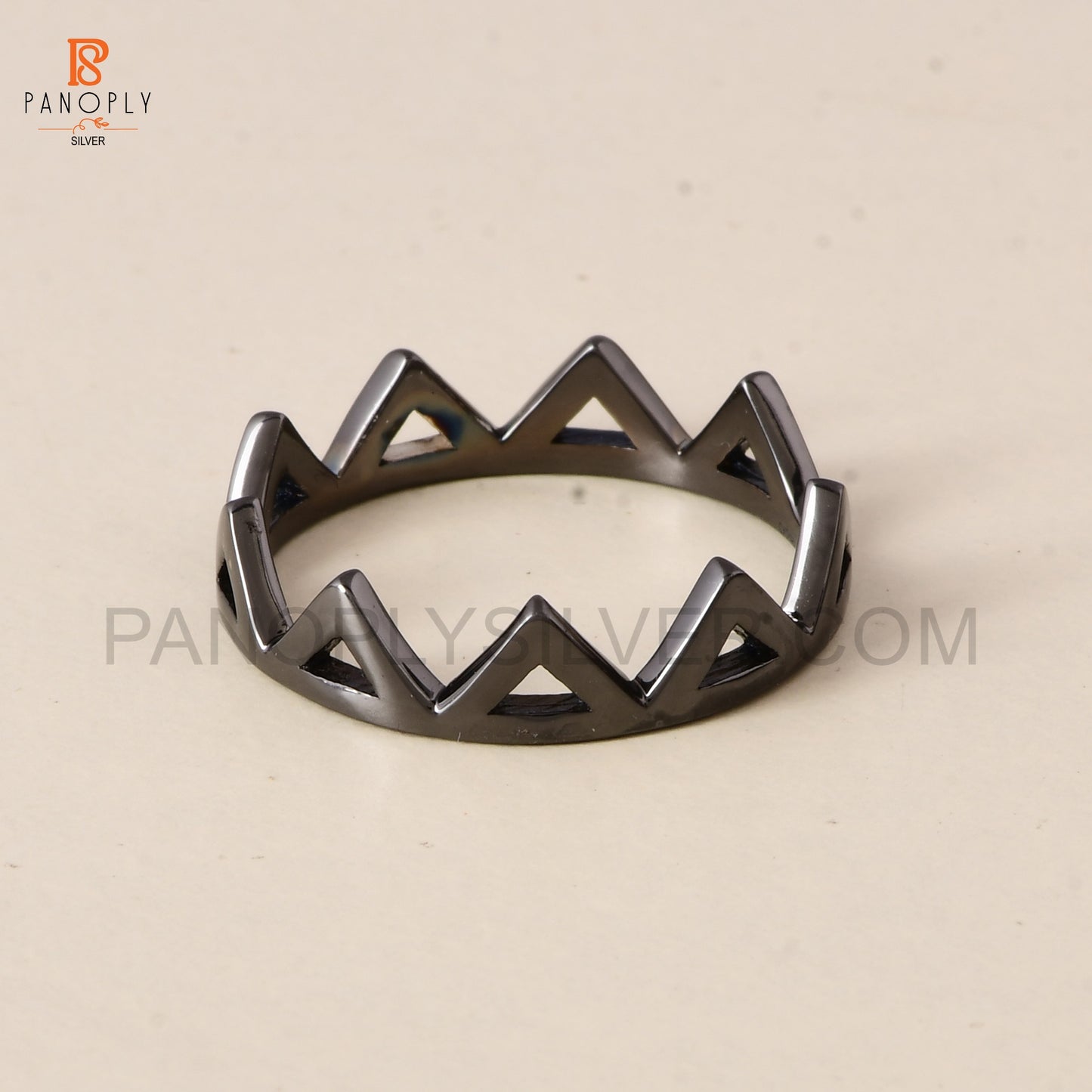 Sterling Silver Crown Ring, Geometric Triangle Design, Black Plated