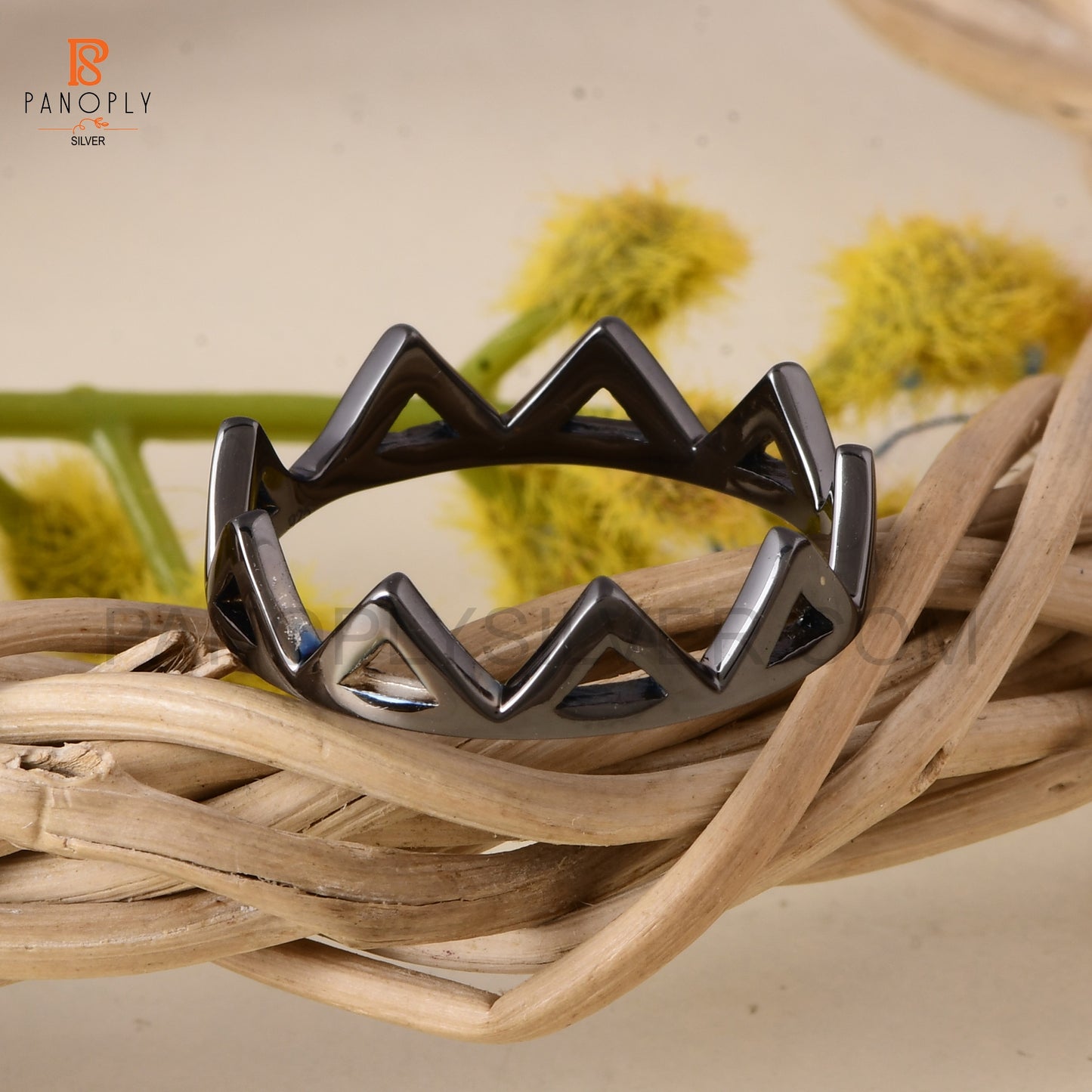 Sterling Silver Crown Ring, Geometric Triangle Design, Black Plated