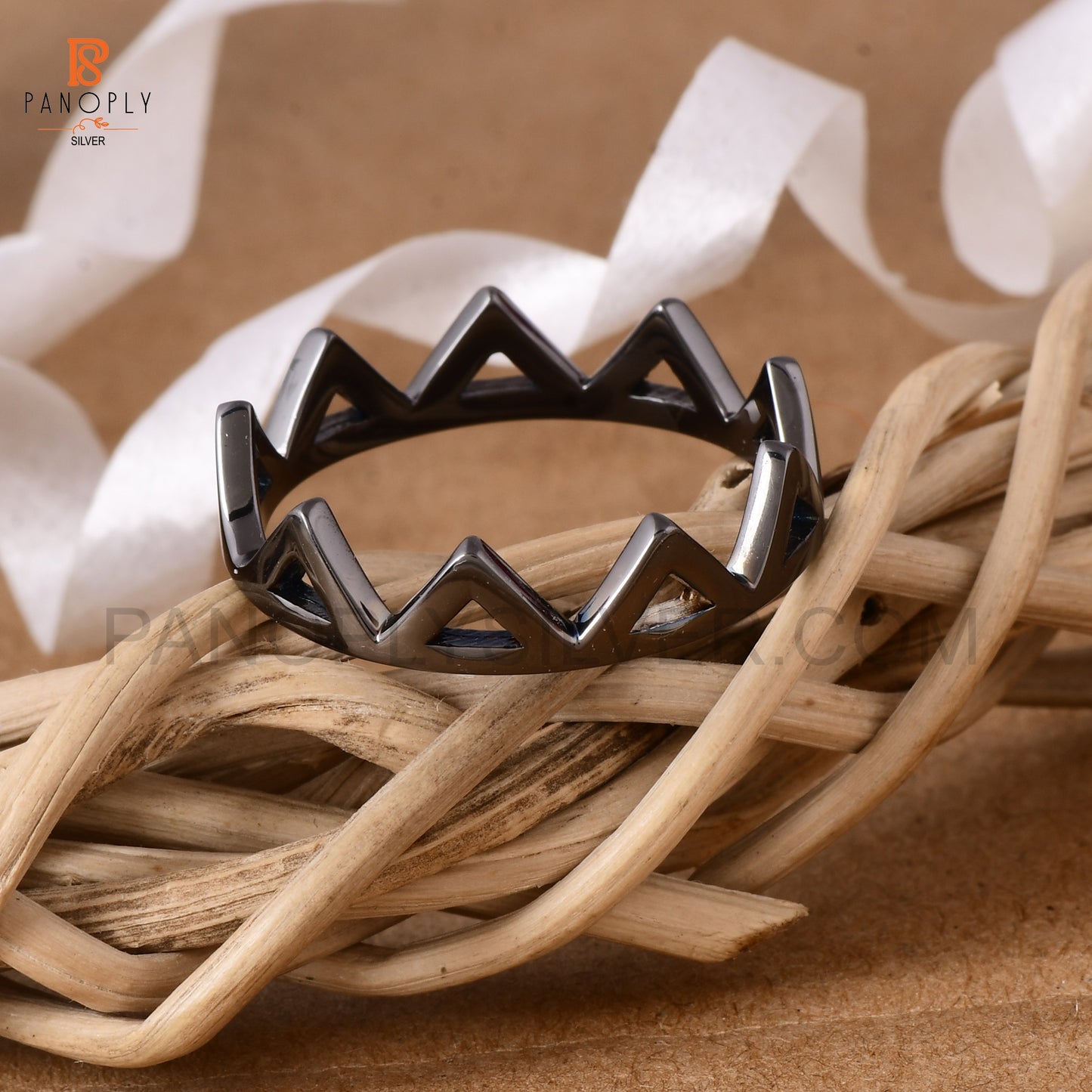 Sterling Silver Crown Ring, Geometric Triangle Design, Black Plated