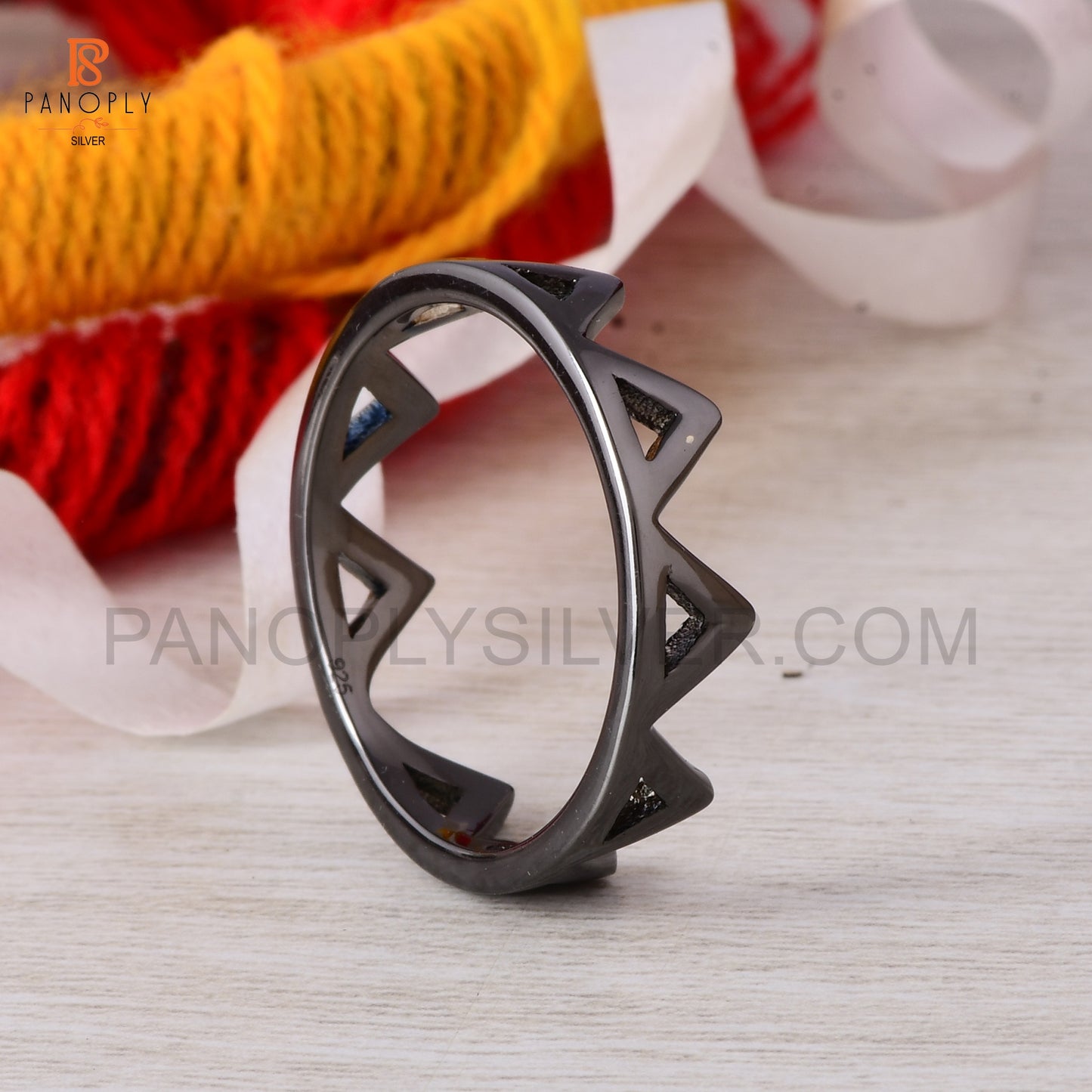 Sterling Silver Crown Ring, Geometric Triangle Design, Black Plated
