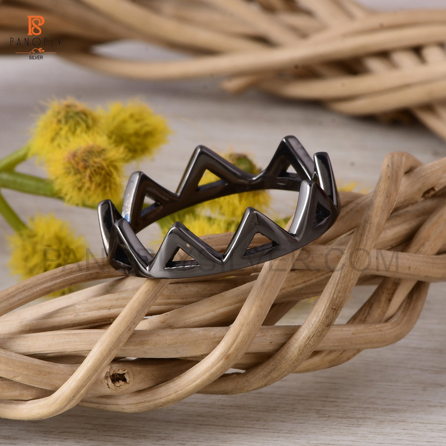Sterling Silver Crown Ring, Geometric Triangle Design, Black Plated