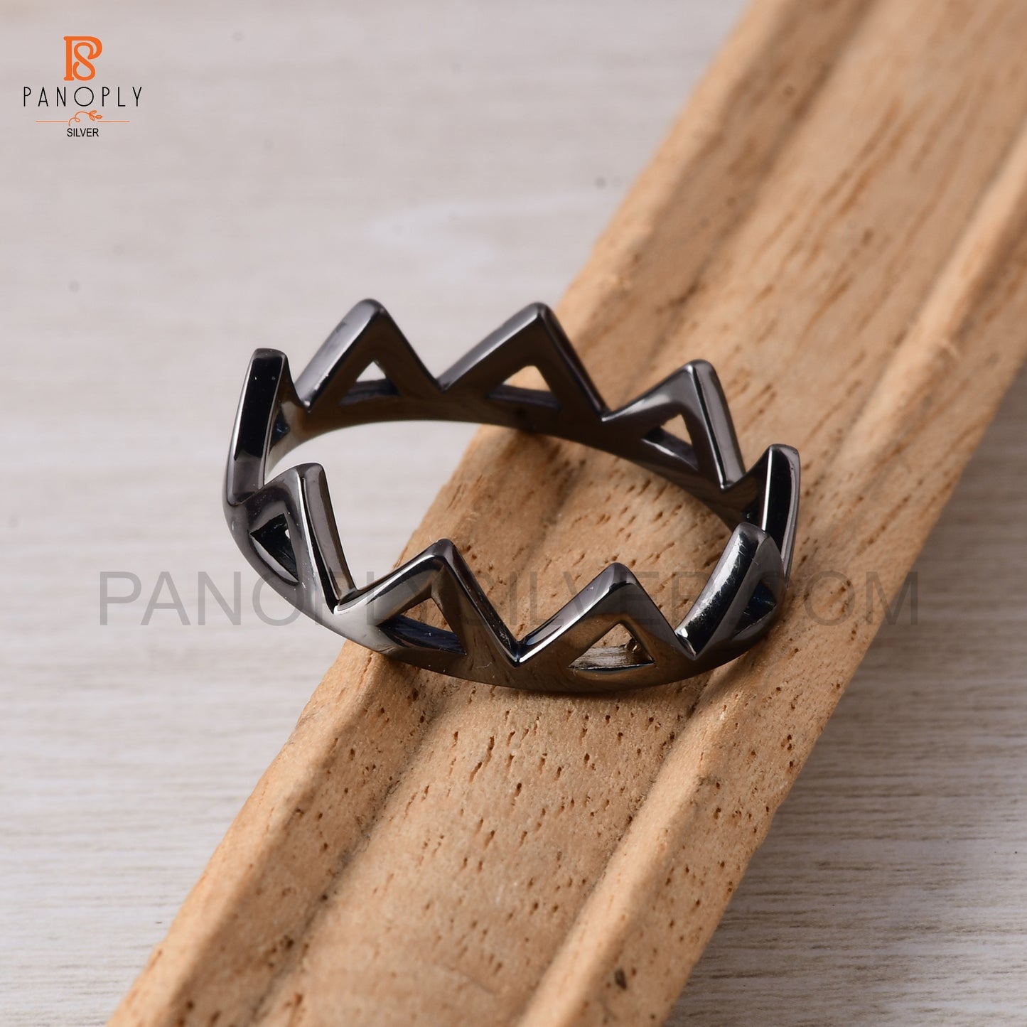 Sterling Silver Crown Ring, Geometric Triangle Design, Black Plated
