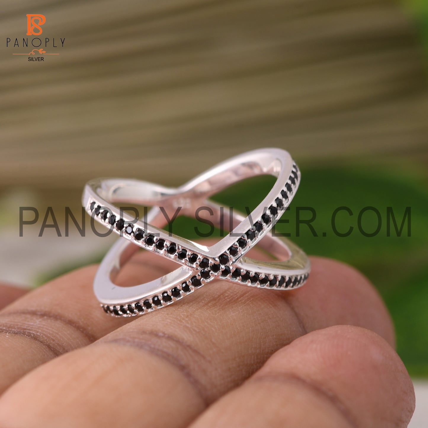 Criss Cross Black Spinal Gemstone Silver Rings
