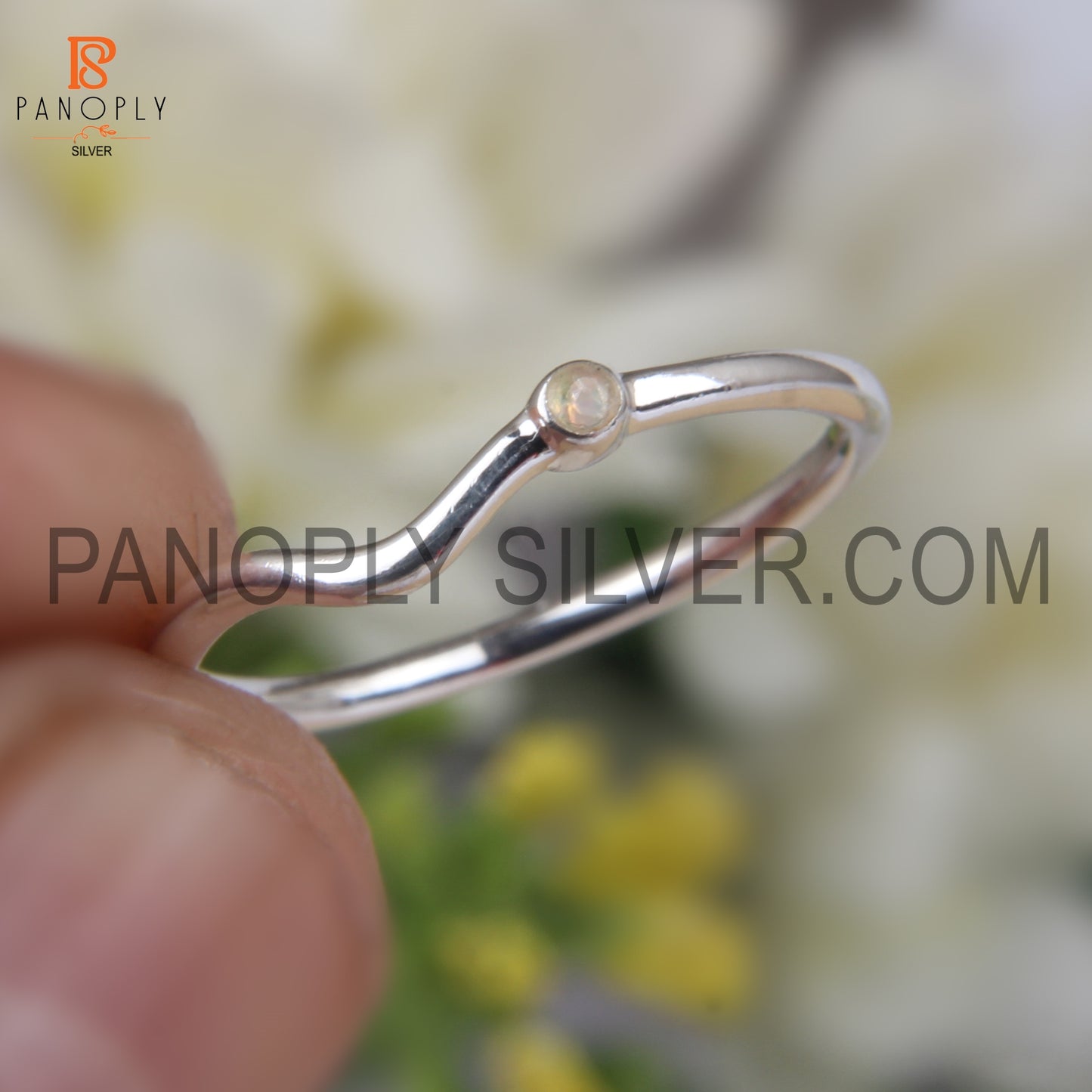 Silver Gold Plated Thin Wave Band Ring With Ethiopian Opal Stone Ring