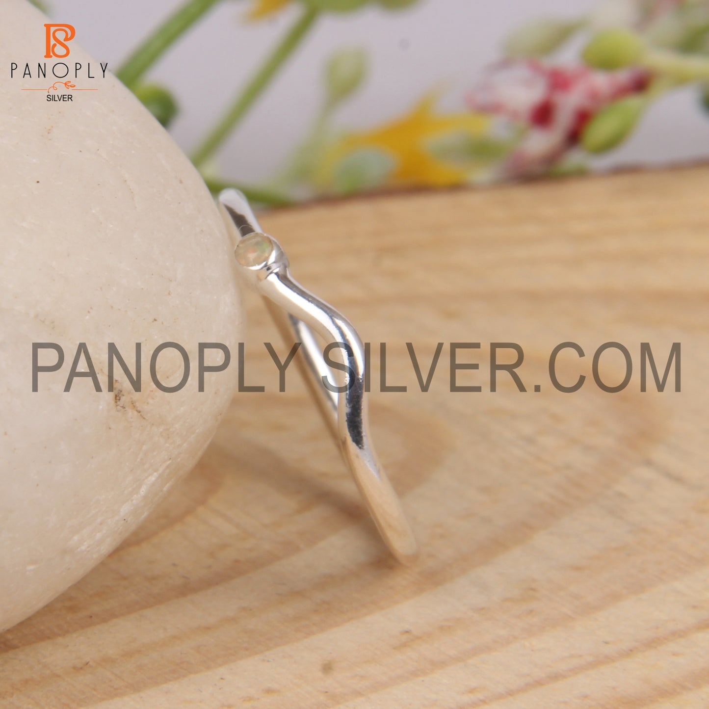 Silver Gold Plated Thin Wave Band Ring With Ethiopian Opal Stone Ring