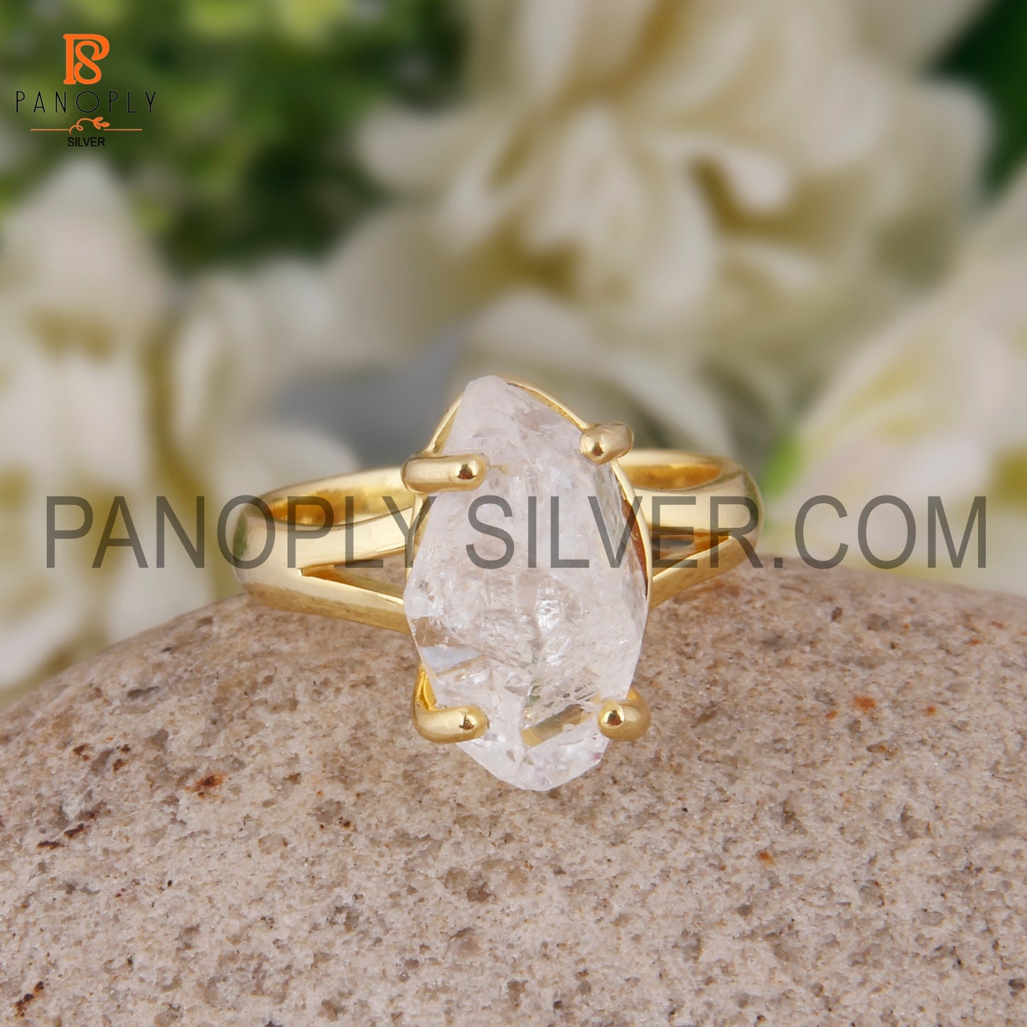 Raw Herkimer Diamond Gold Plated Sterling Silver Rings