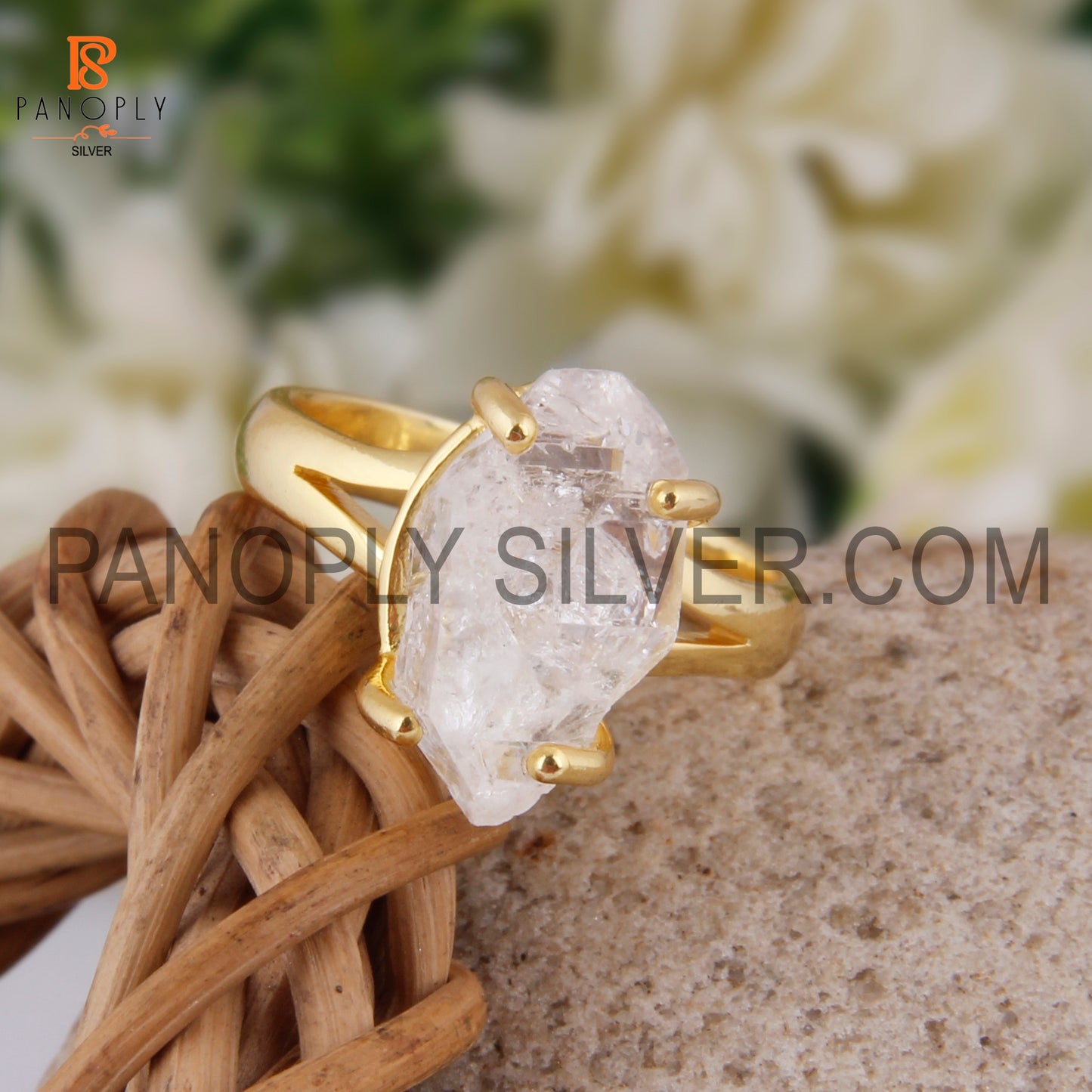 Raw Herkimer Diamond Gold Plated Sterling Silver Rings