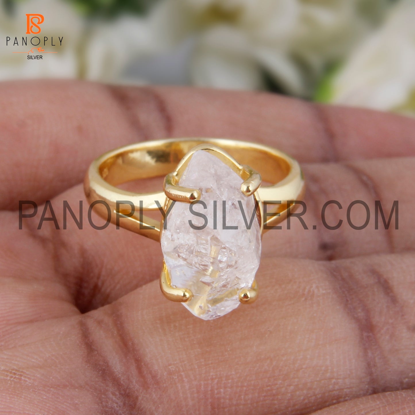 Raw Herkimer Diamond Gold Plated Sterling Silver Rings