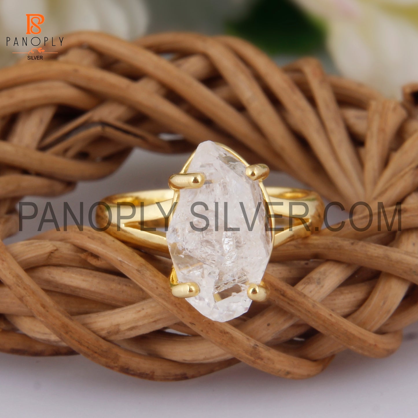 Raw Herkimer Diamond Gold Plated Sterling Silver Rings