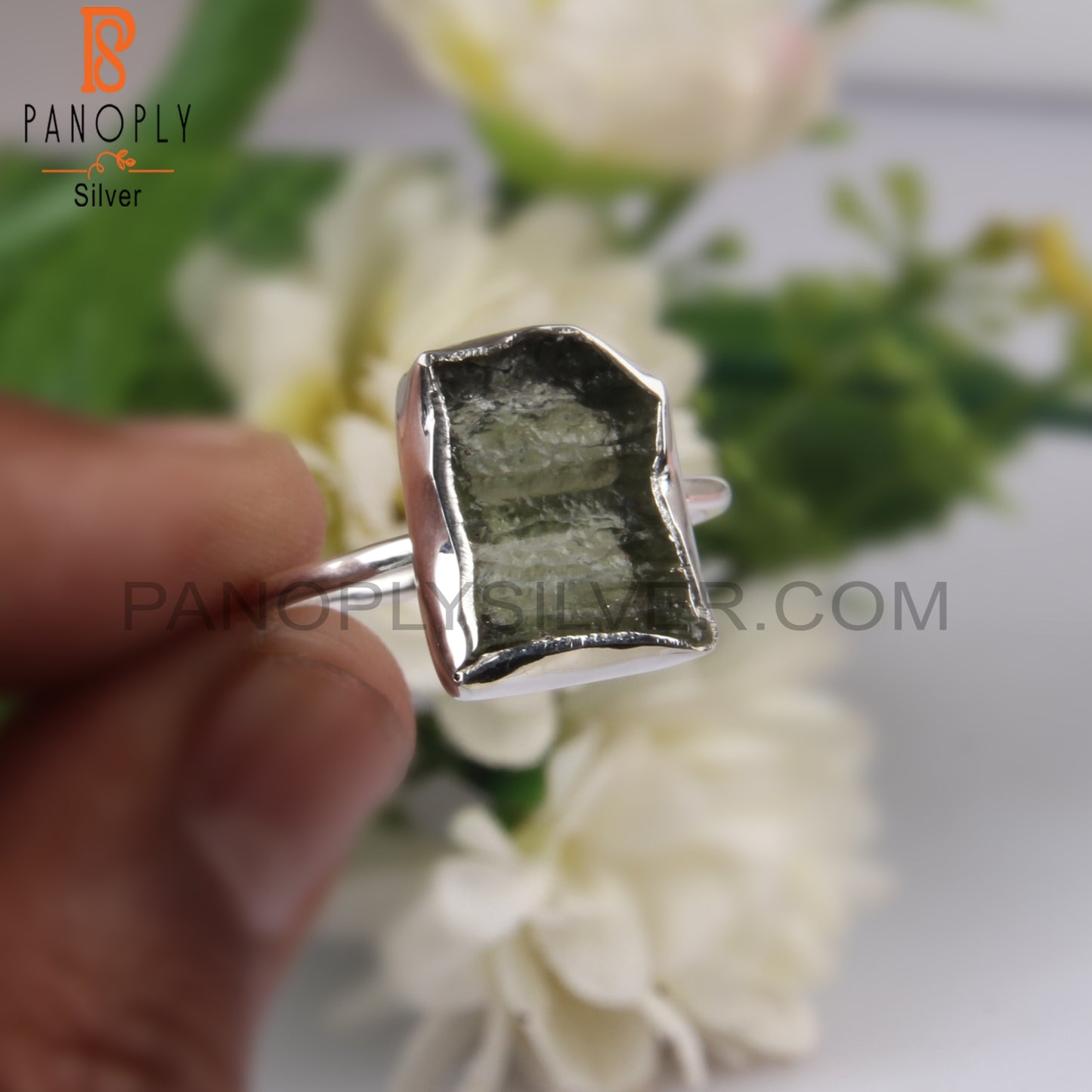Rough Moldavite Sterling Silver Ring For Gift