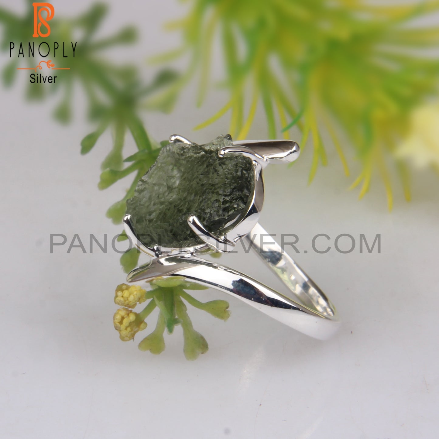 Moldavite Rough 925 Sterling Silver Bypass Ring