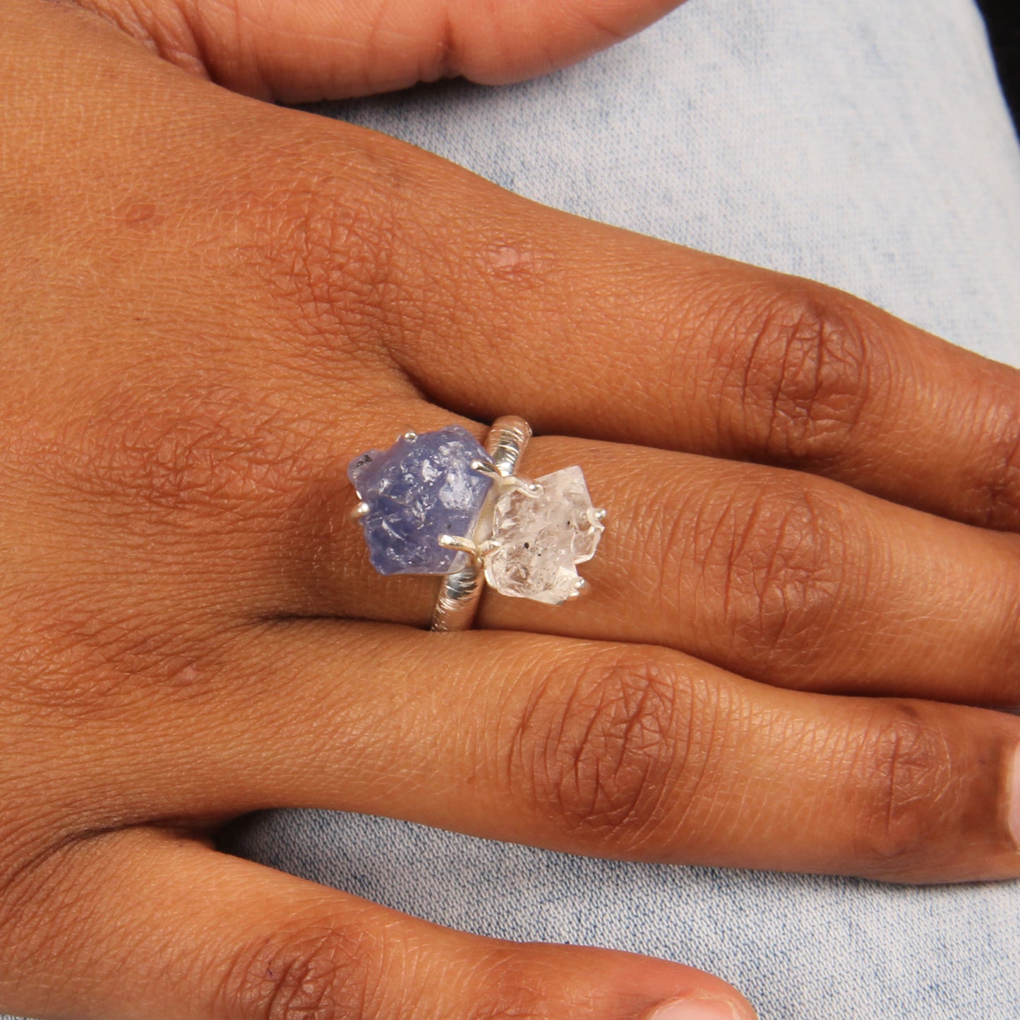 Herkimer Diamond & Tanzanite 925 Silver Ring For Gift