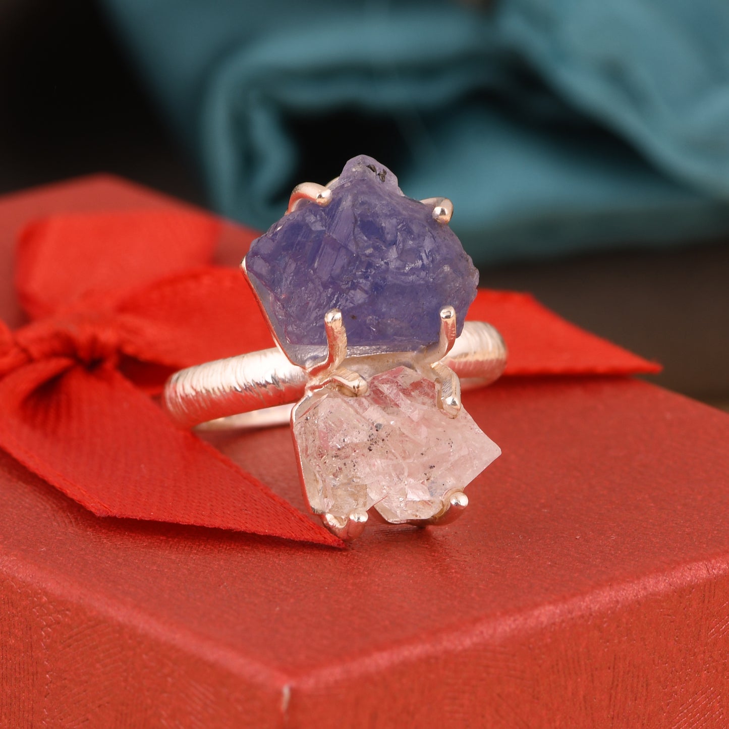 Herkimer Diamond & Tanzanite 925 Silver Ring For Gift