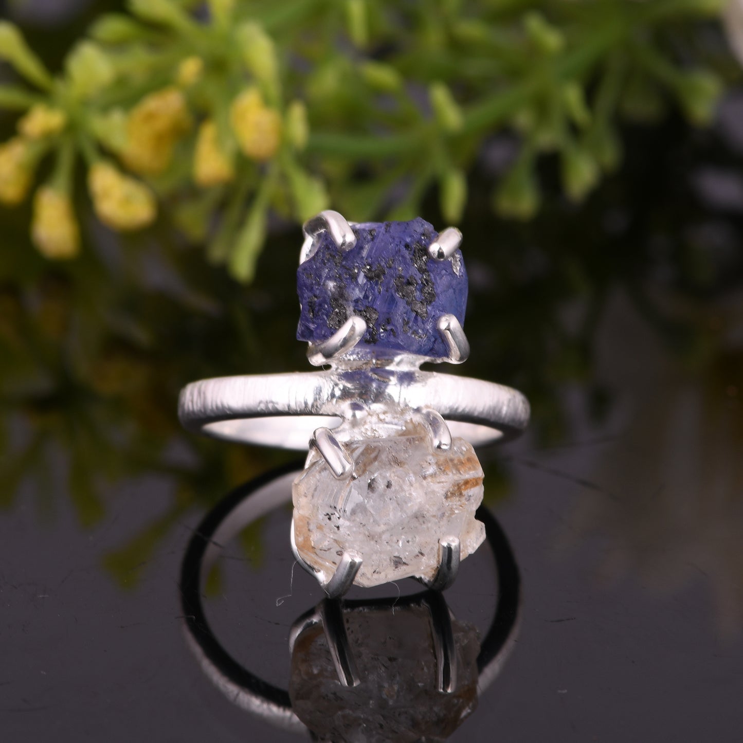 Herkimer Diamond & Tanzanite 925 Silver Ring For Gift