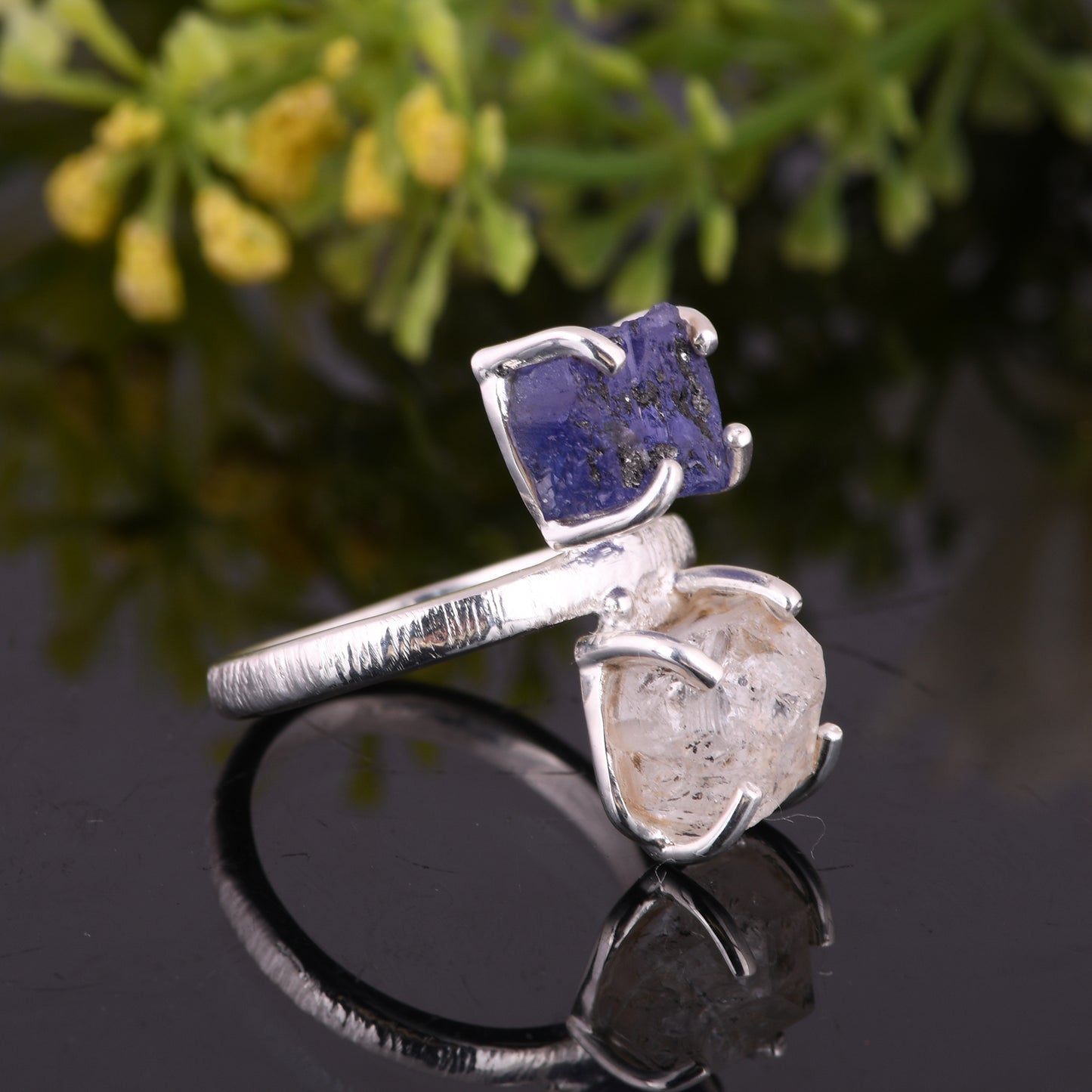 Herkimer Diamond & Tanzanite 925 Silver Ring For Gift