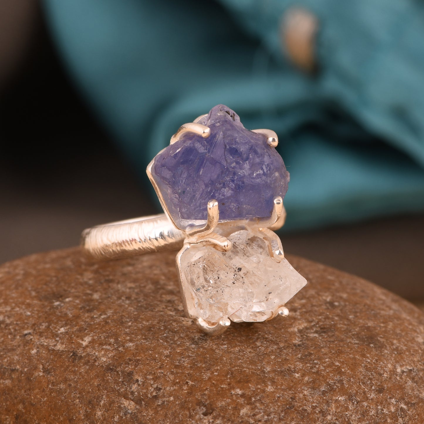 Herkimer Diamond & Tanzanite 925 Silver Ring For Gift