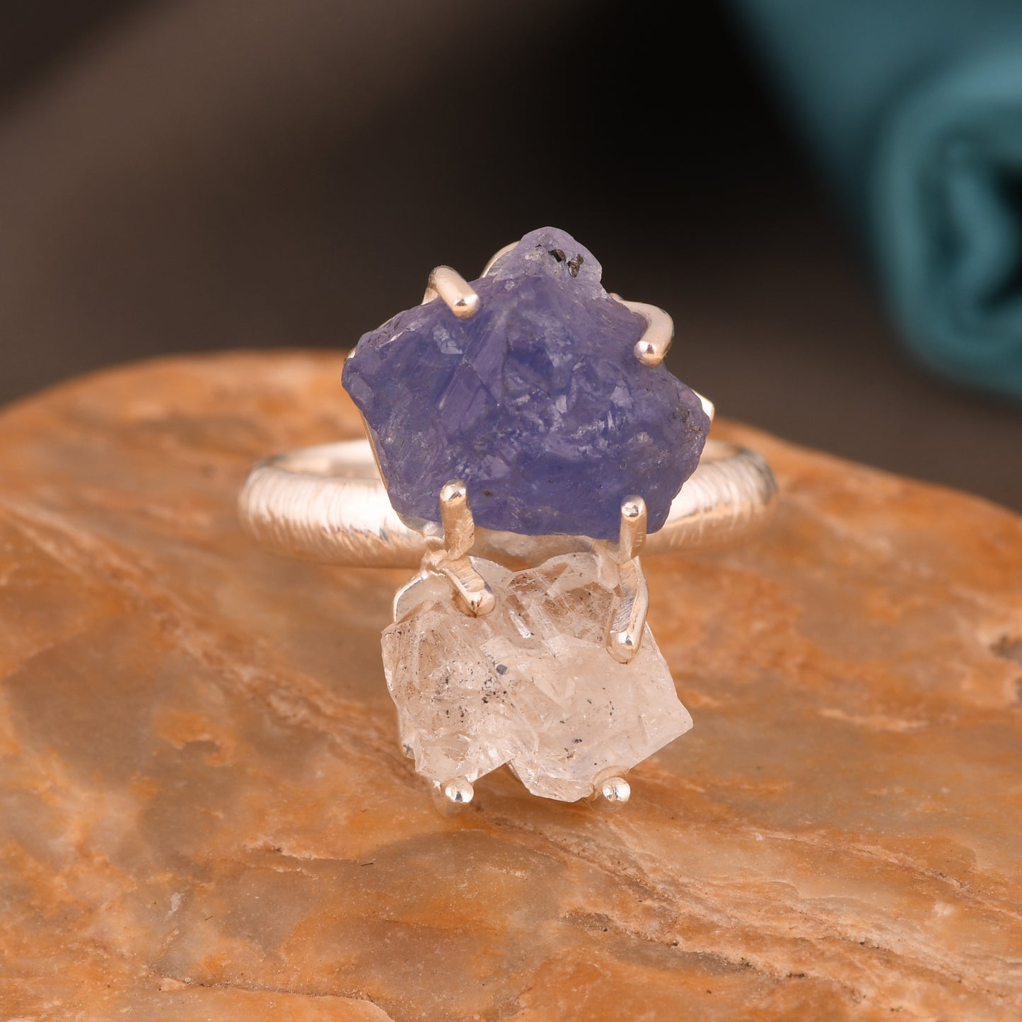 Herkimer Diamond & Tanzanite 925 Silver Ring For Gift
