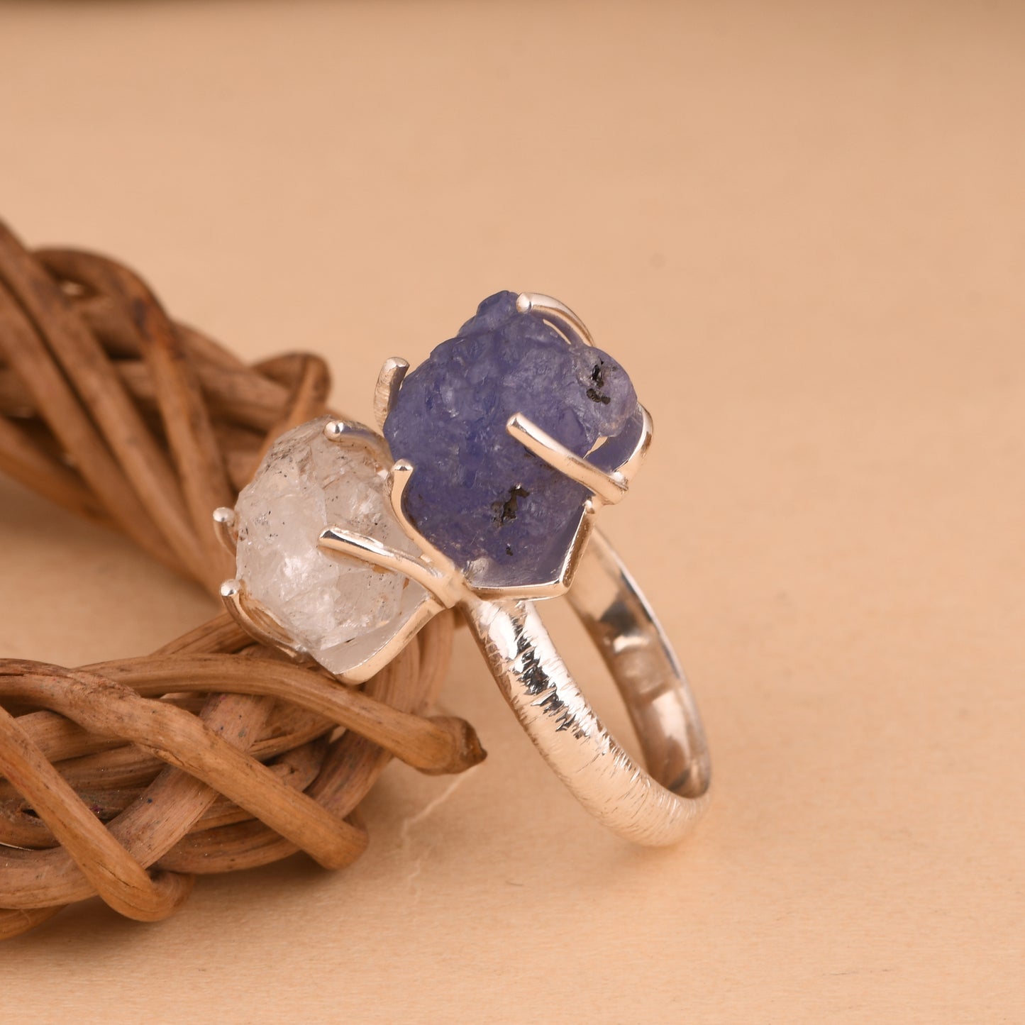 Herkimer Diamond & Tanzanite 925 Silver Ring For Gift