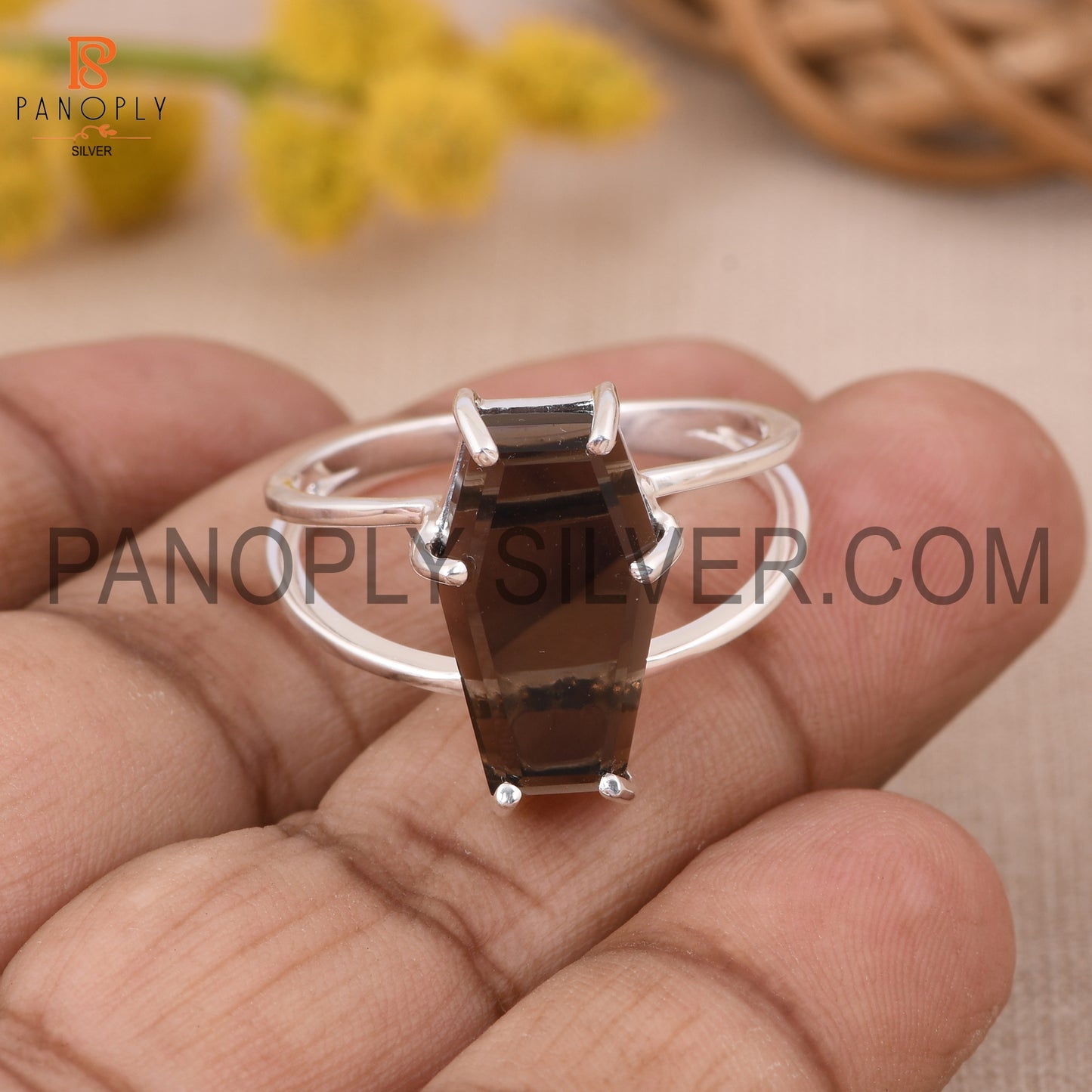 Coffin 925 Sterling Silver Smoky Quartz Gemstone Rings