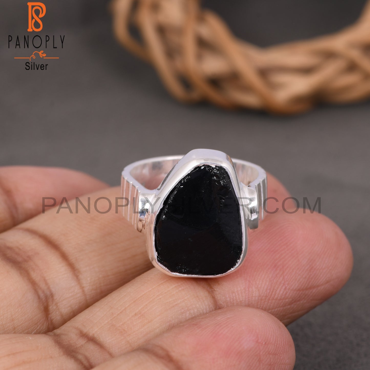 Black Obsidian Rough Bezel Set Gemstone Stackable Rings