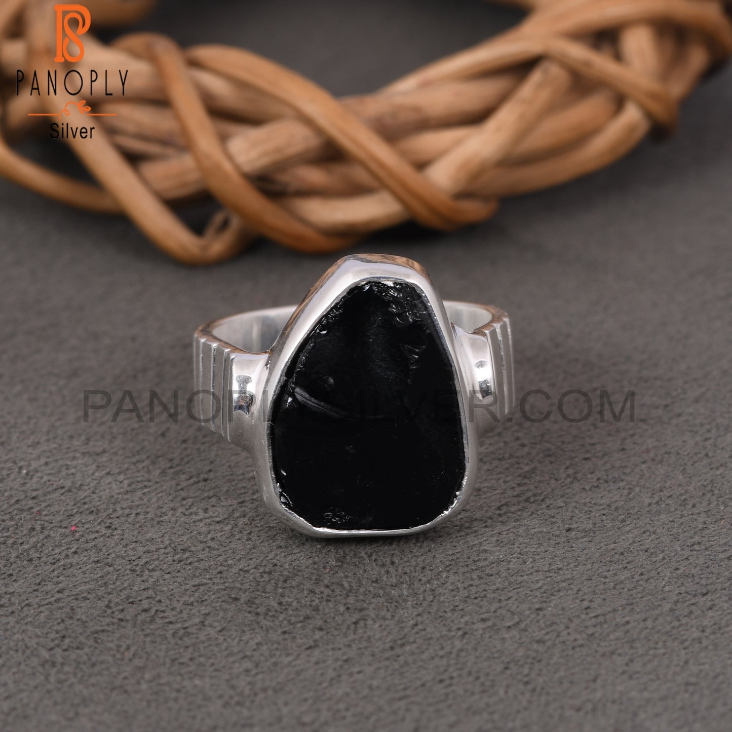 Black Obsidian Rough Bezel Set Gemstone Stackable Rings