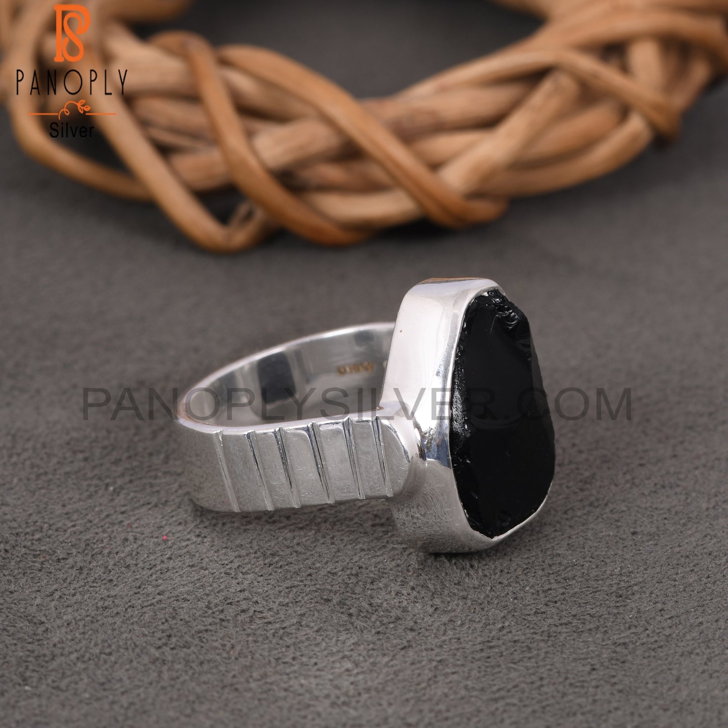 Black Obsidian Rough Bezel Set Gemstone Stackable Rings