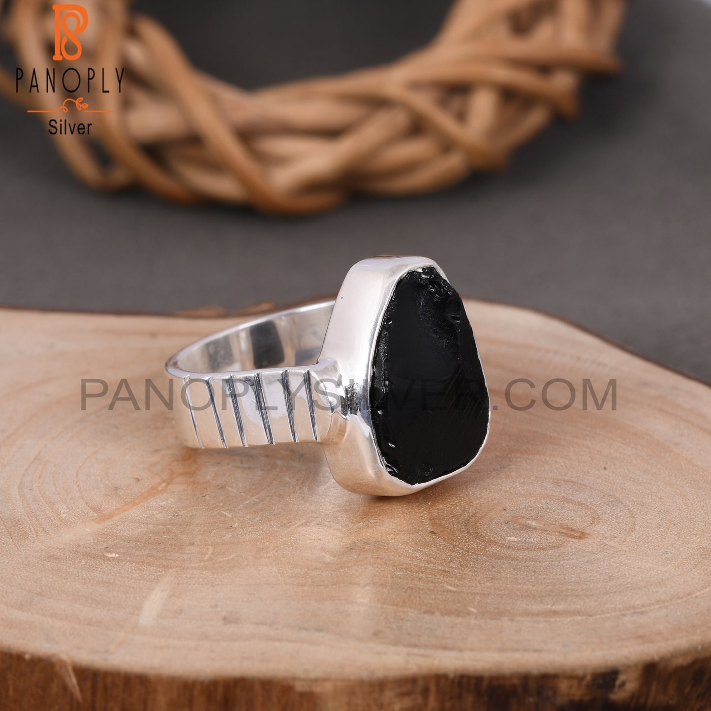 Black Obsidian Rough Bezel Set Gemstone Stackable Rings