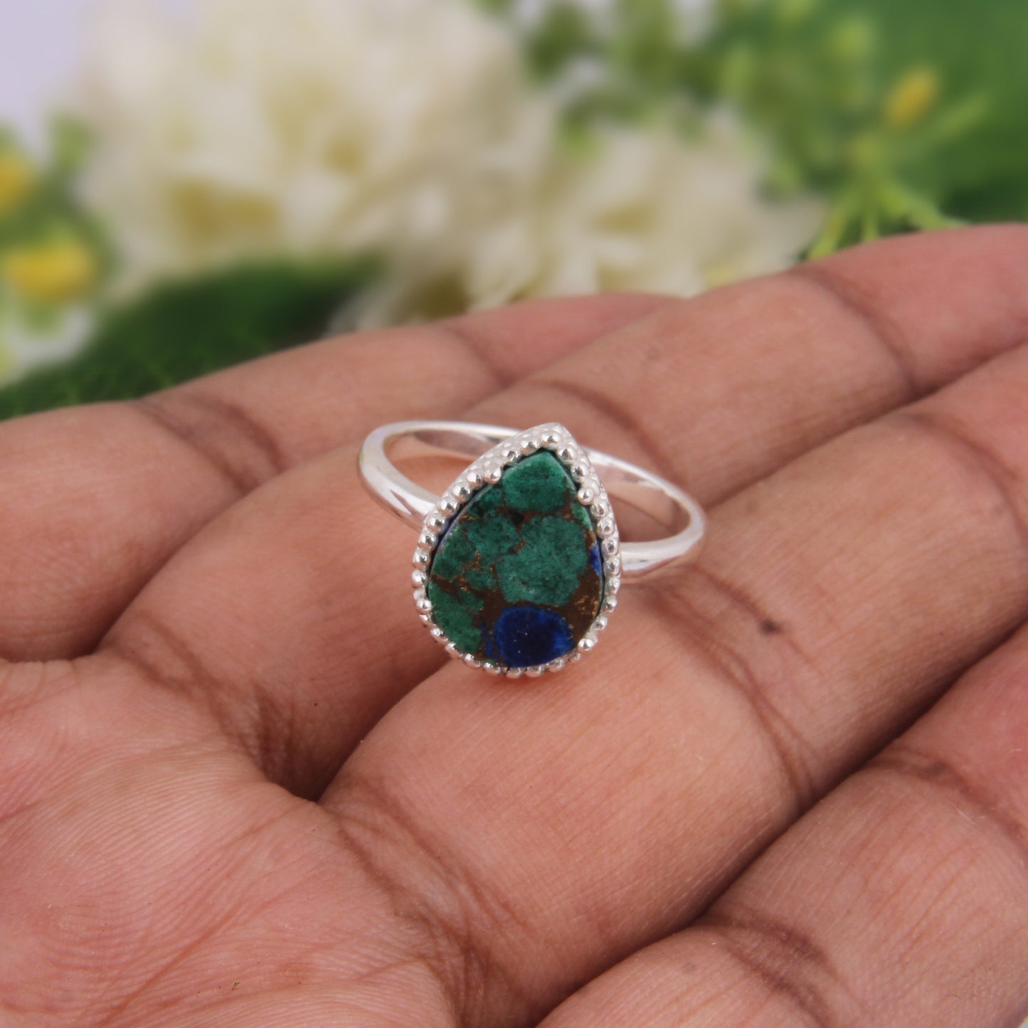 Mojave Copper Azurite Malachite Pear Shape 925 Silver Ring