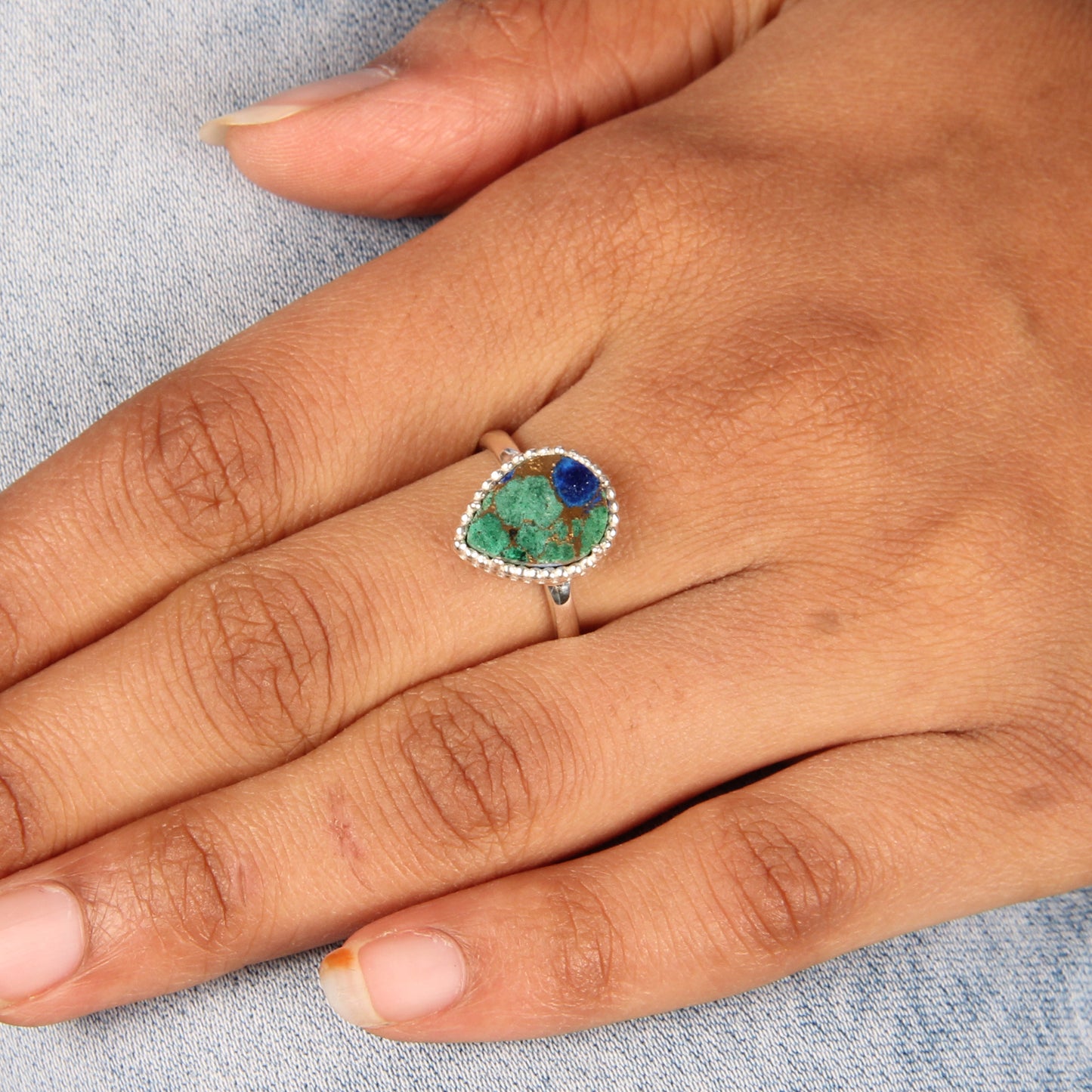 Mojave Copper Azurite Malachite Pear Shape 925 Silver Ring