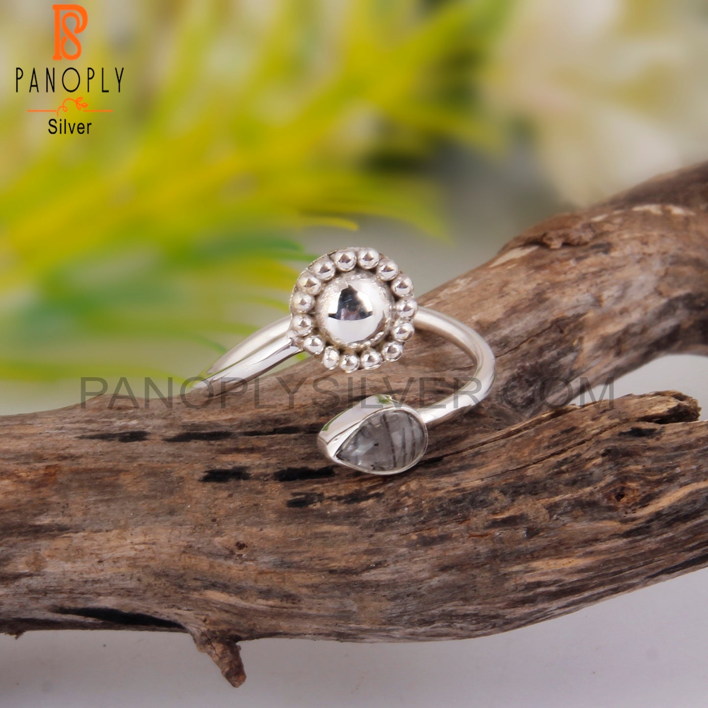 Casual Black Rutile Pear 925 Sterling Silver Rings