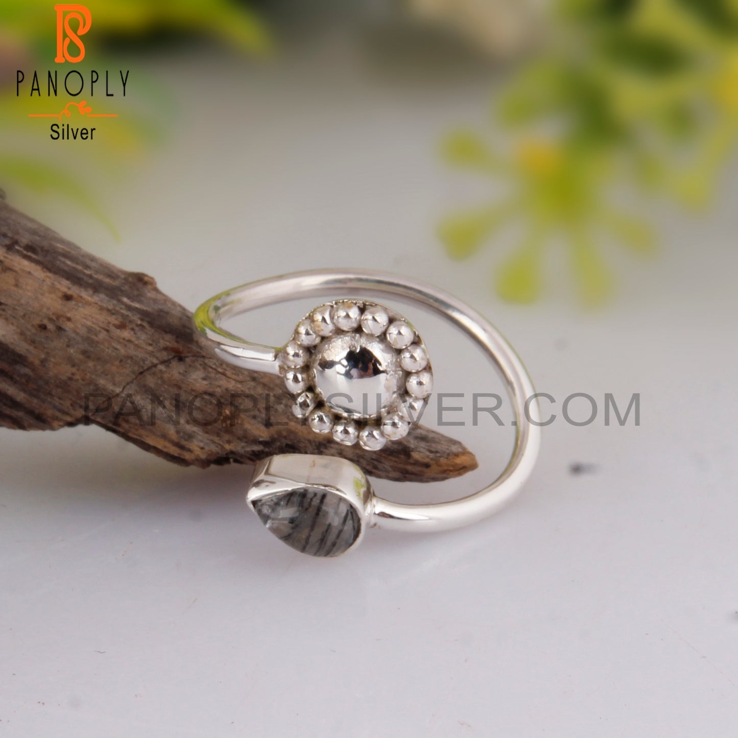 Casual Black Rutile Pear 925 Sterling Silver Rings