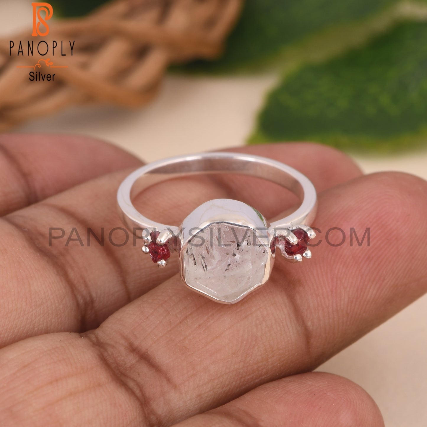 Herkimer Diamond And Spinel Ruby 925 Silver Ring for Women