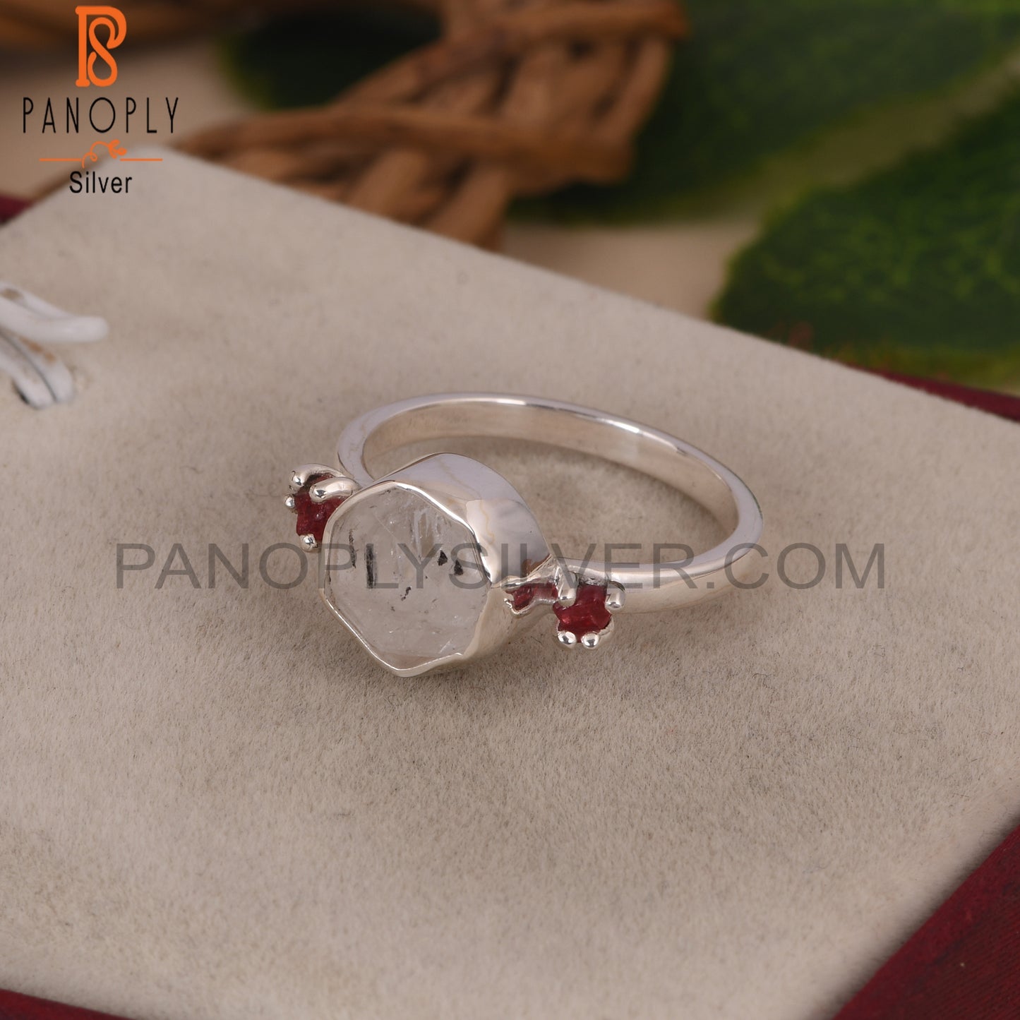 Herkimer Diamond And Spinel Ruby 925 Silver Ring for Women