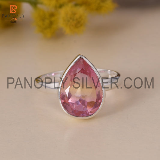 Natural  Bio Ametrine Doublet Quartz Shining Pink Silver Rings