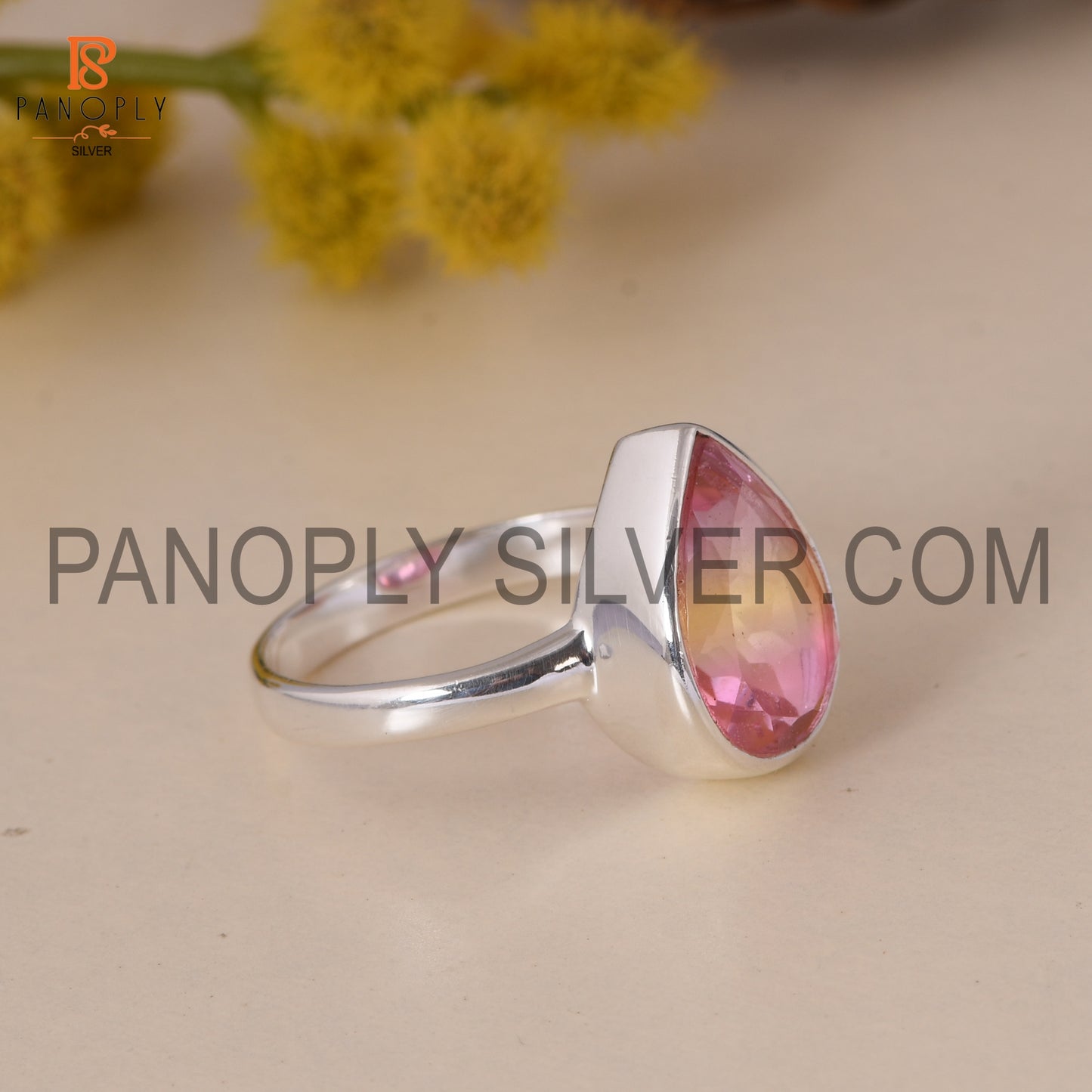 Natural  Bio Ametrine Doublet Quartz Shining Pink Silver Rings