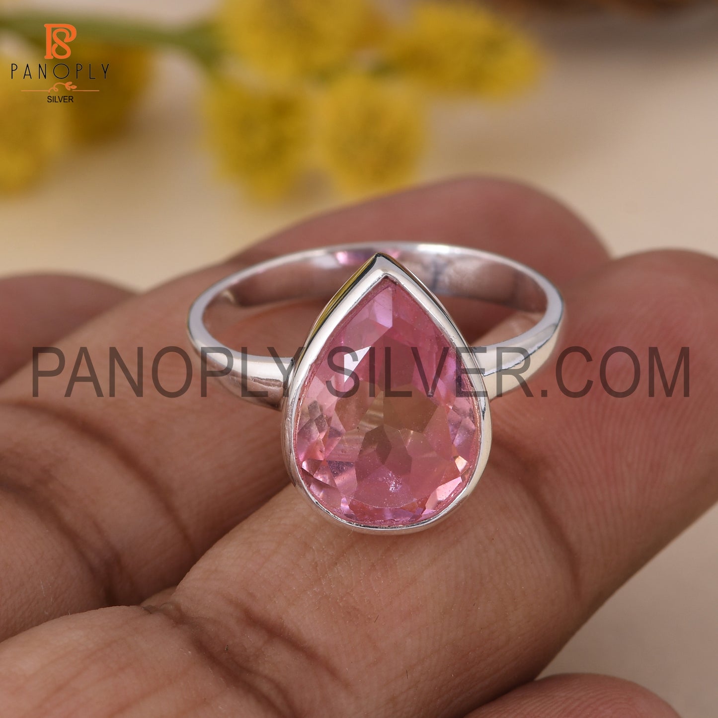 Natural  Bio Ametrine Doublet Quartz Shining Pink Silver Rings