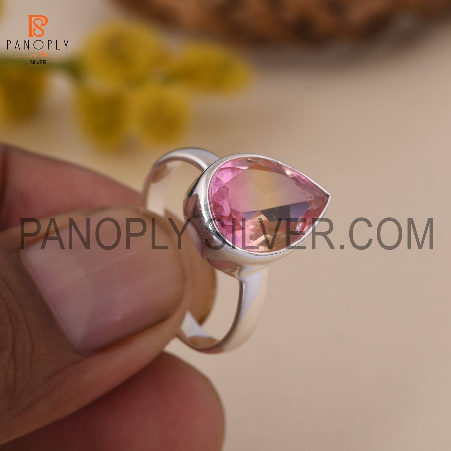 Natural  Bio Ametrine Doublet Quartz Shining Pink Silver Rings