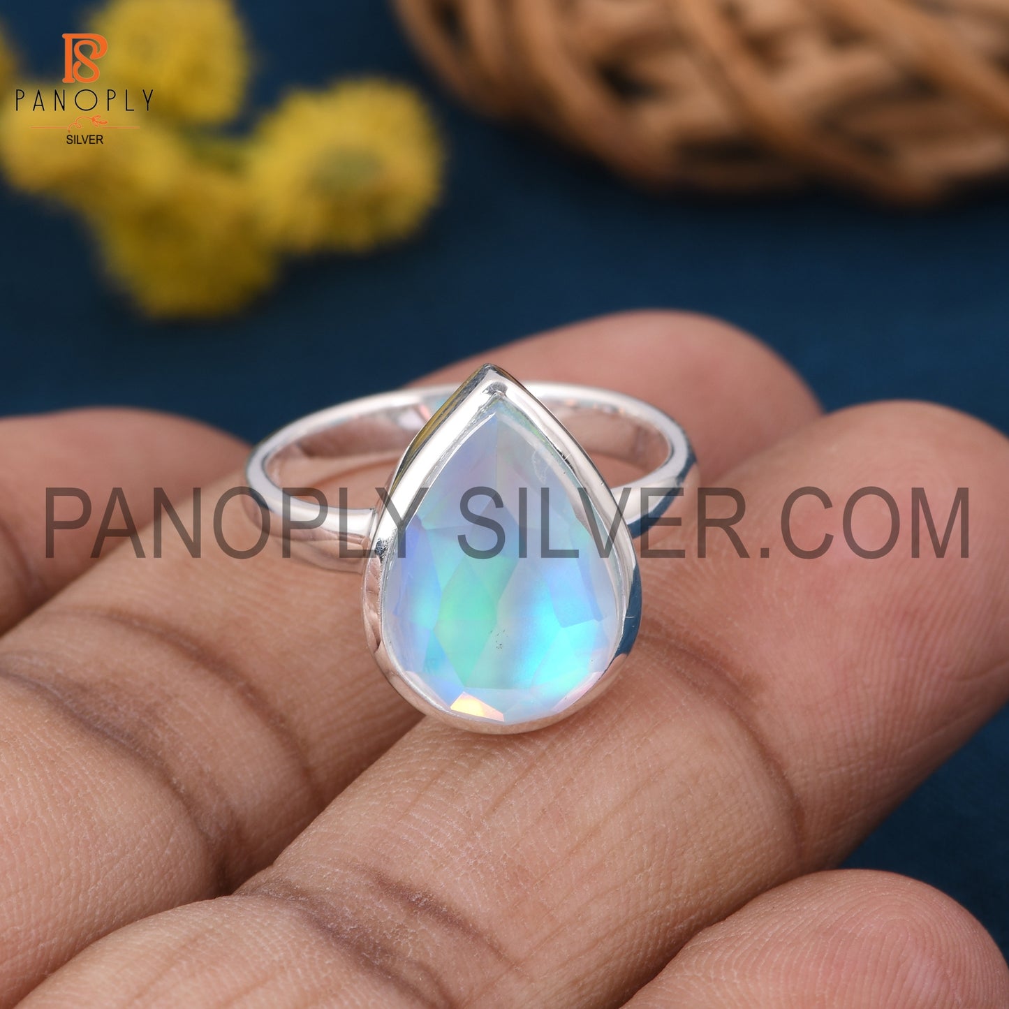 925 Sterling Silver Pear Shape Aurora Opal Sky Rings