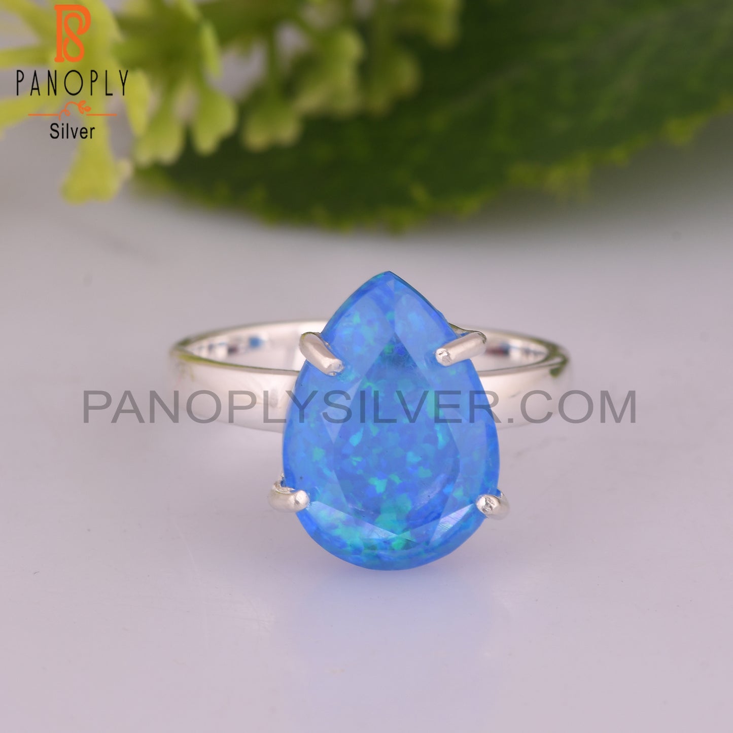 Synthetic Green Fire Opal Ring Pear 925 Sterling Silver Ring
