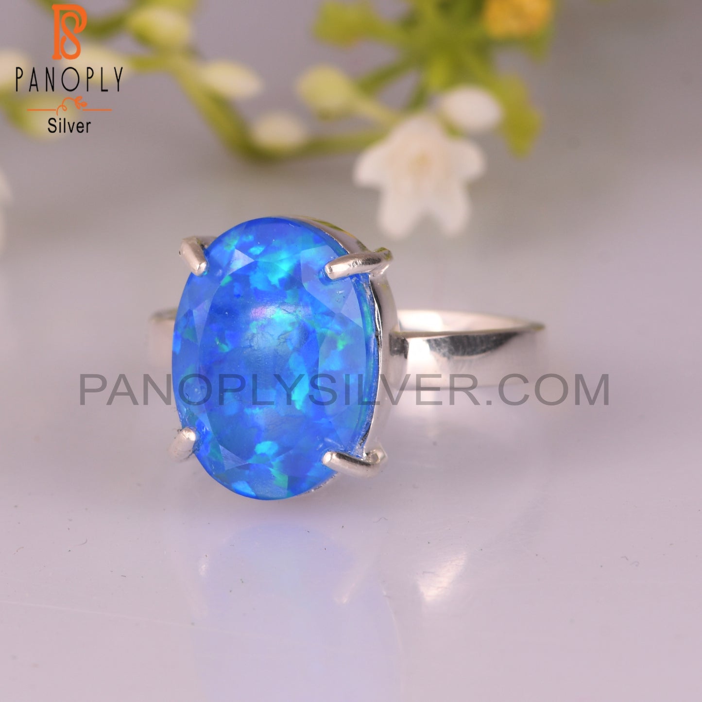 Synthetic Green Fire Opal 925 Silver Ring