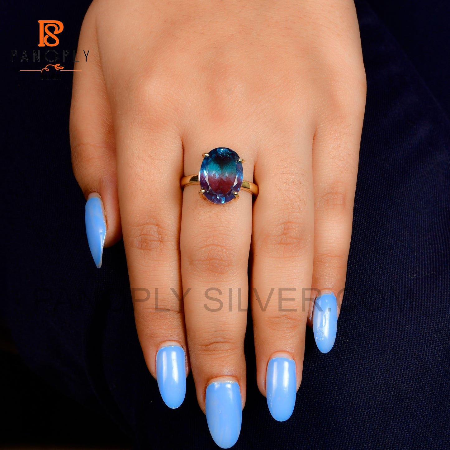18k Gold & 925 Silver Alexandrite Ring – Color Changing Purple to Blue