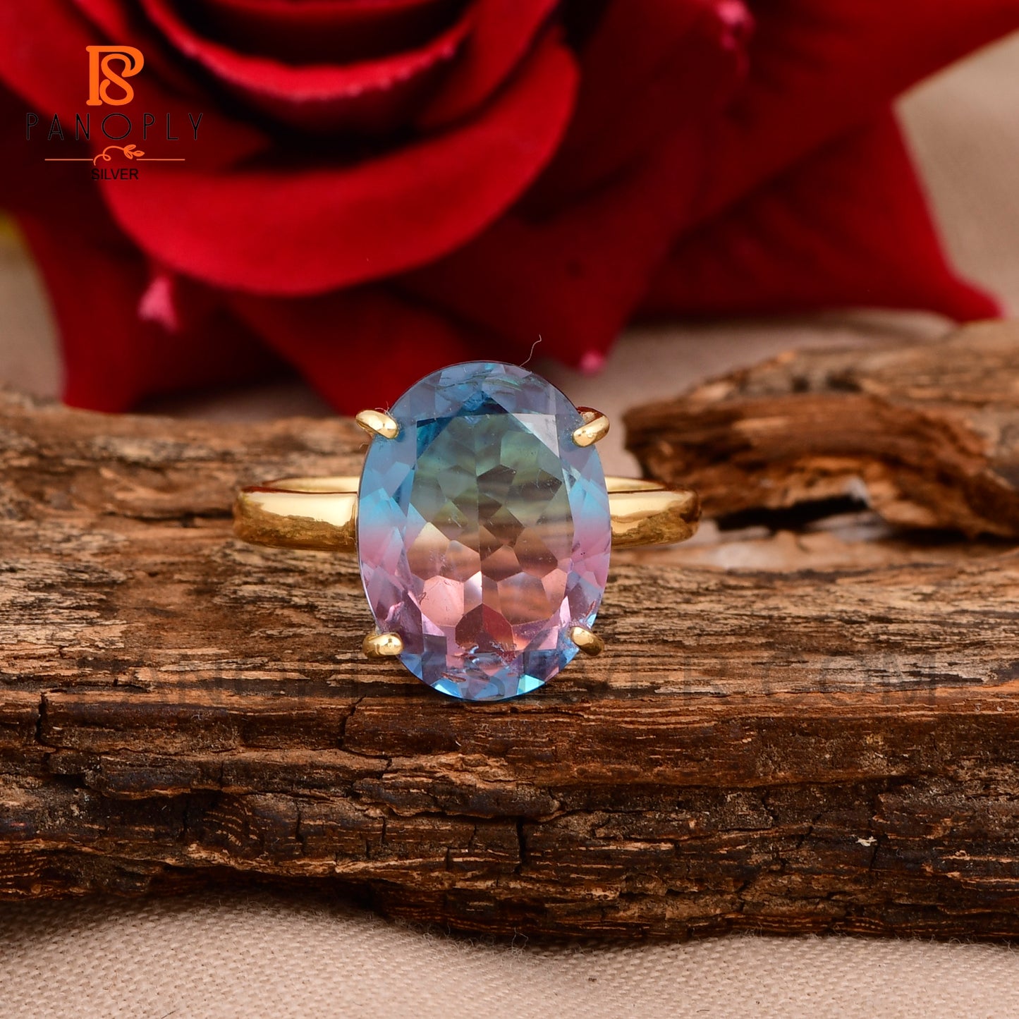 18k Gold & 925 Silver Alexandrite Ring – Color Changing Purple to Blue