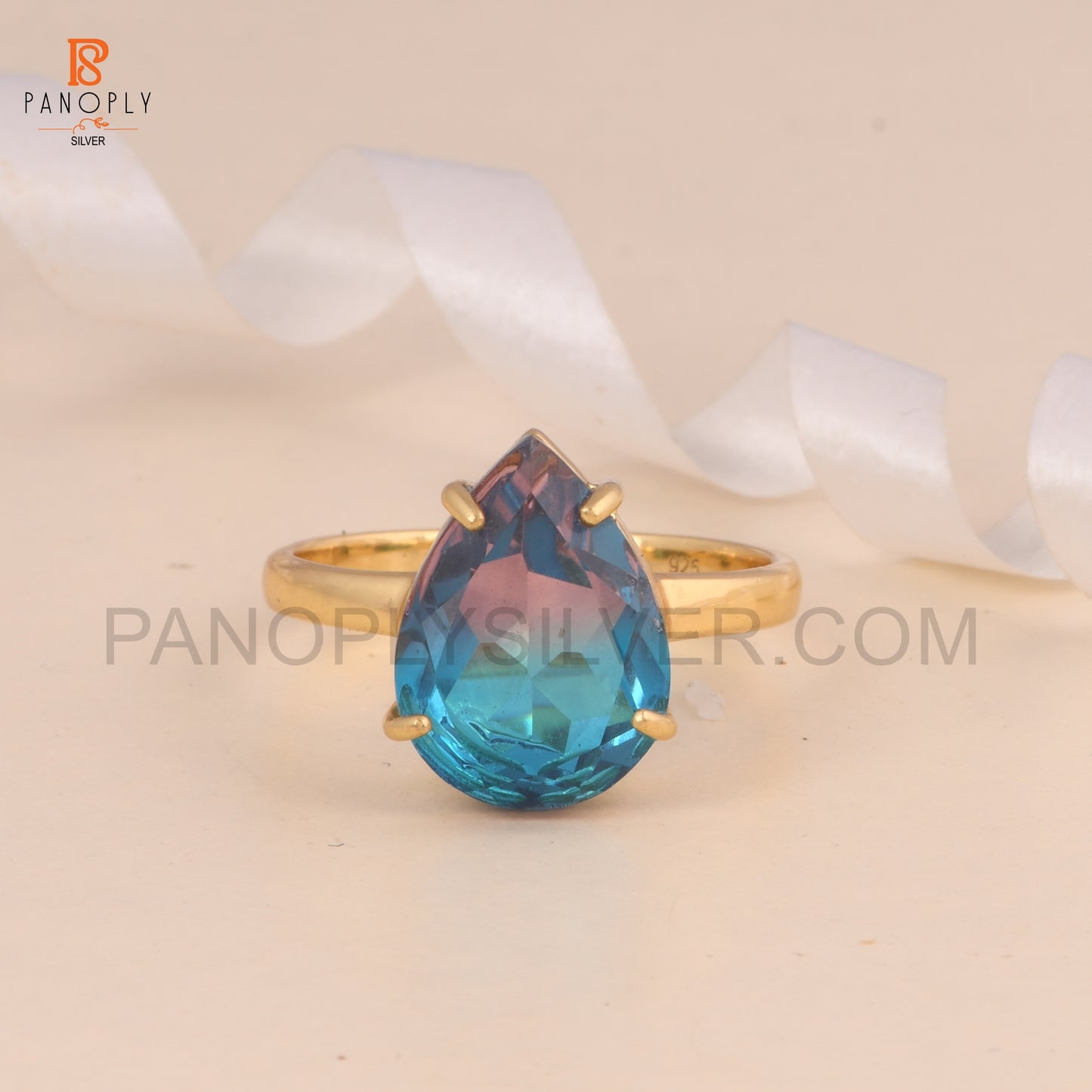 925 Silver Bio Alexandrite Doublet Quartz Gold Plated Ring
