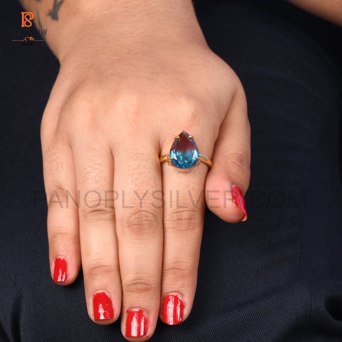 925 Silver Bio Alexandrite Doublet Quartz Gold Plated Ring