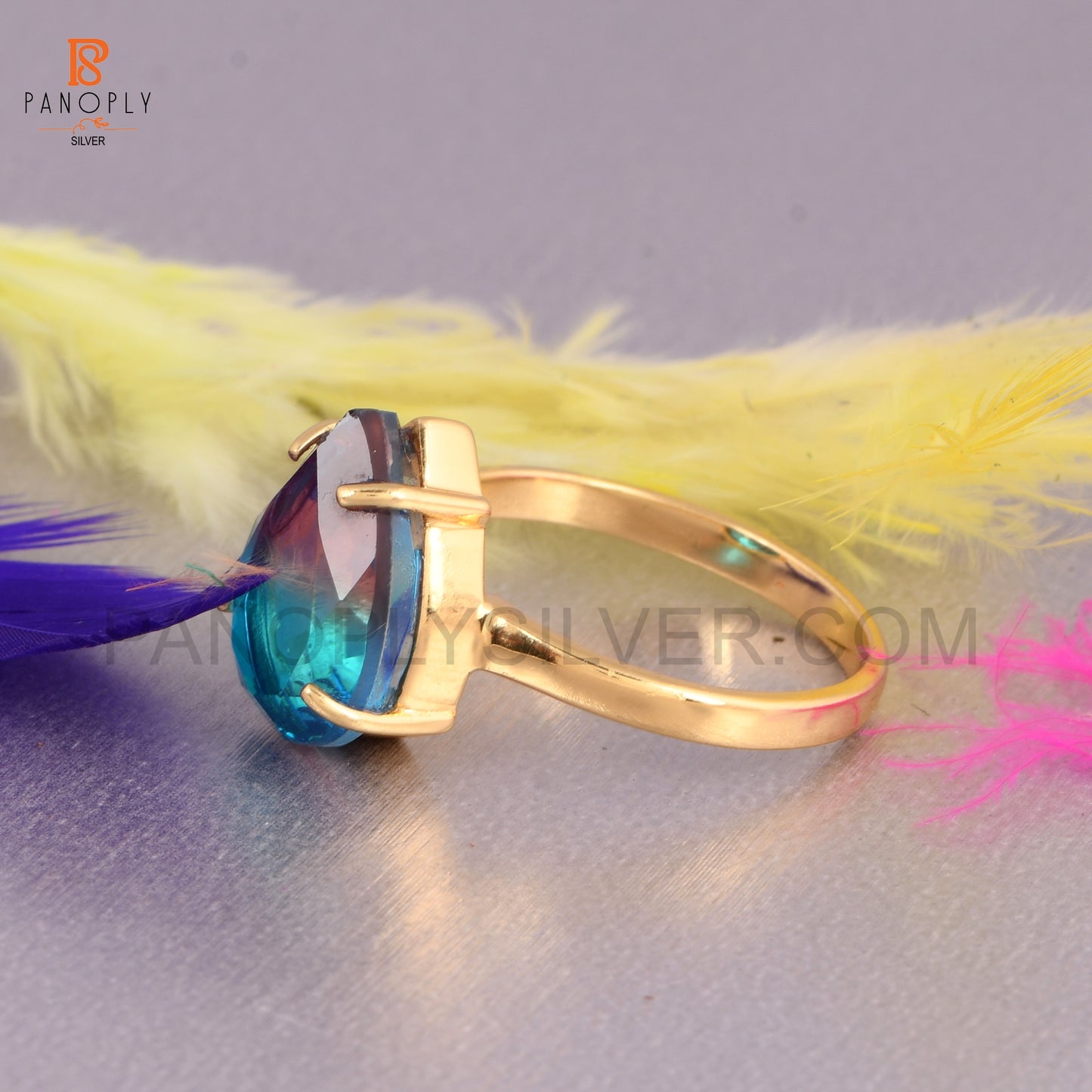 925 Silver Bio Alexandrite Doublet Quartz Gold Plated Ring
