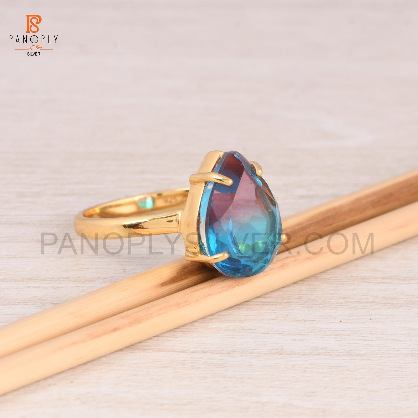 925 Silver Bio Alexandrite Doublet Quartz Gold Plated Ring