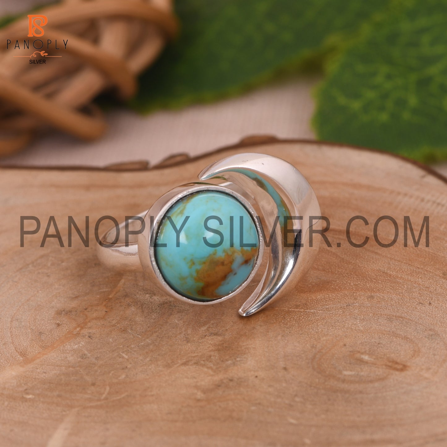 925 Silver Kingman Turquoise Gem Moon Shape Rings