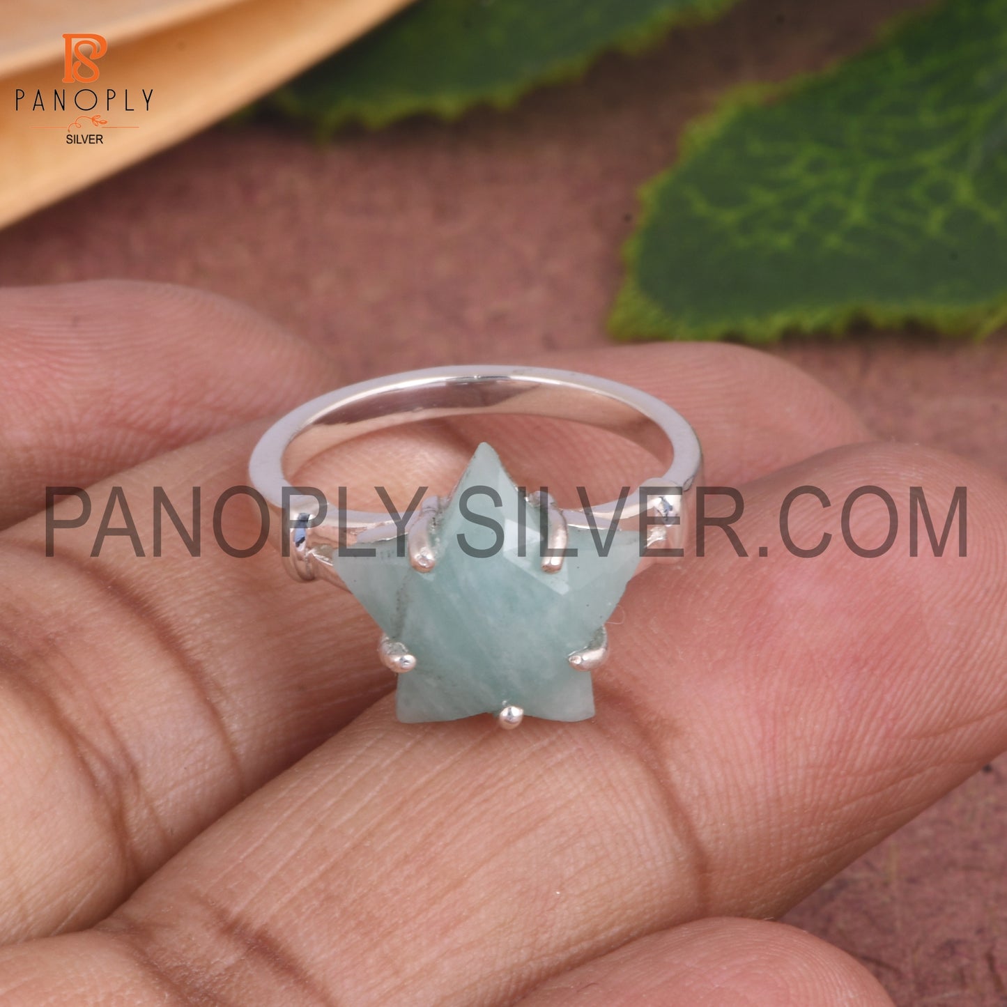 925 Sterling Silver Amazonite Star Shape Split Band Ring